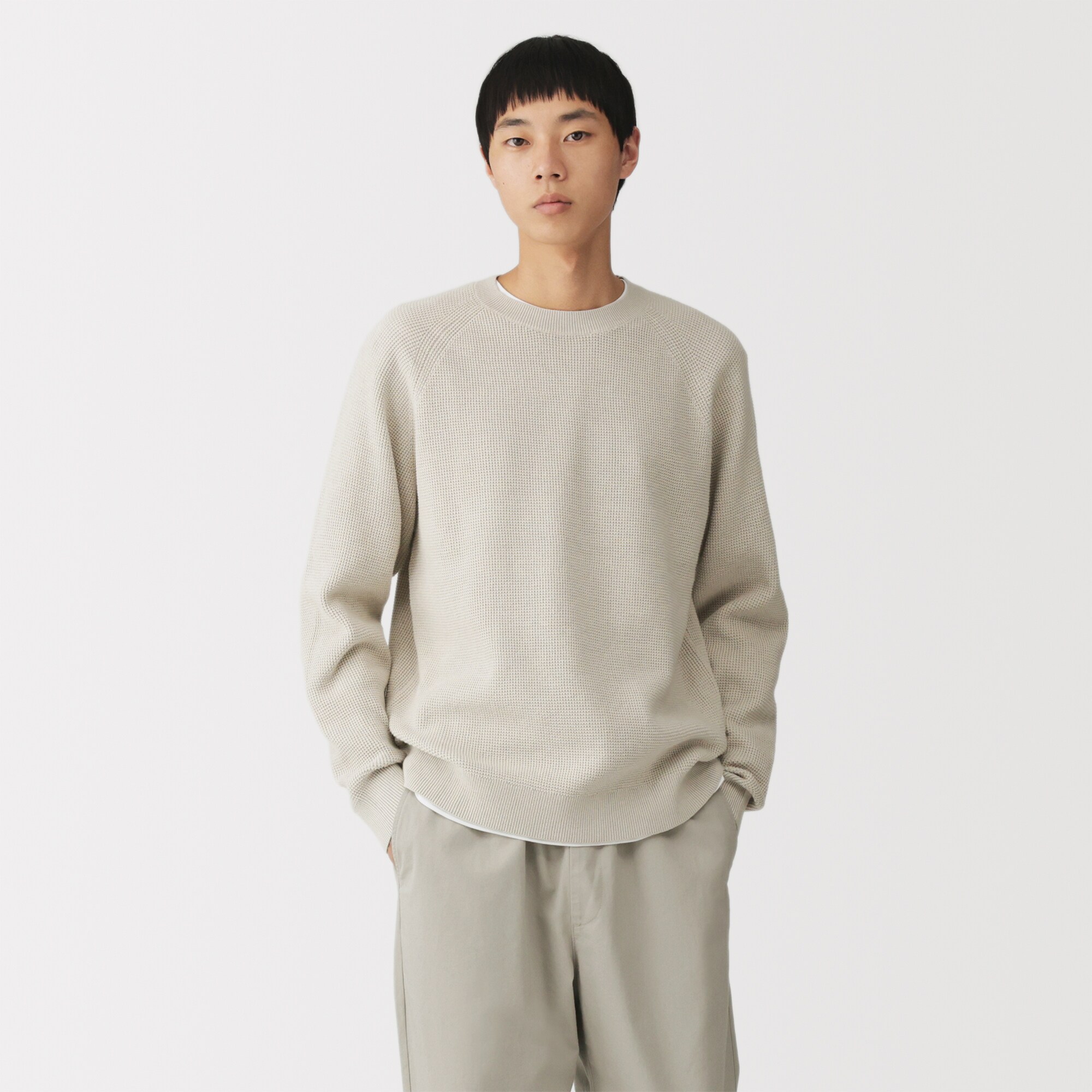 紳士　洗えるワッフル編みクルーネックセーター