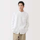 紳士　リネン洗いざらしスタンドカラー長袖シャツ