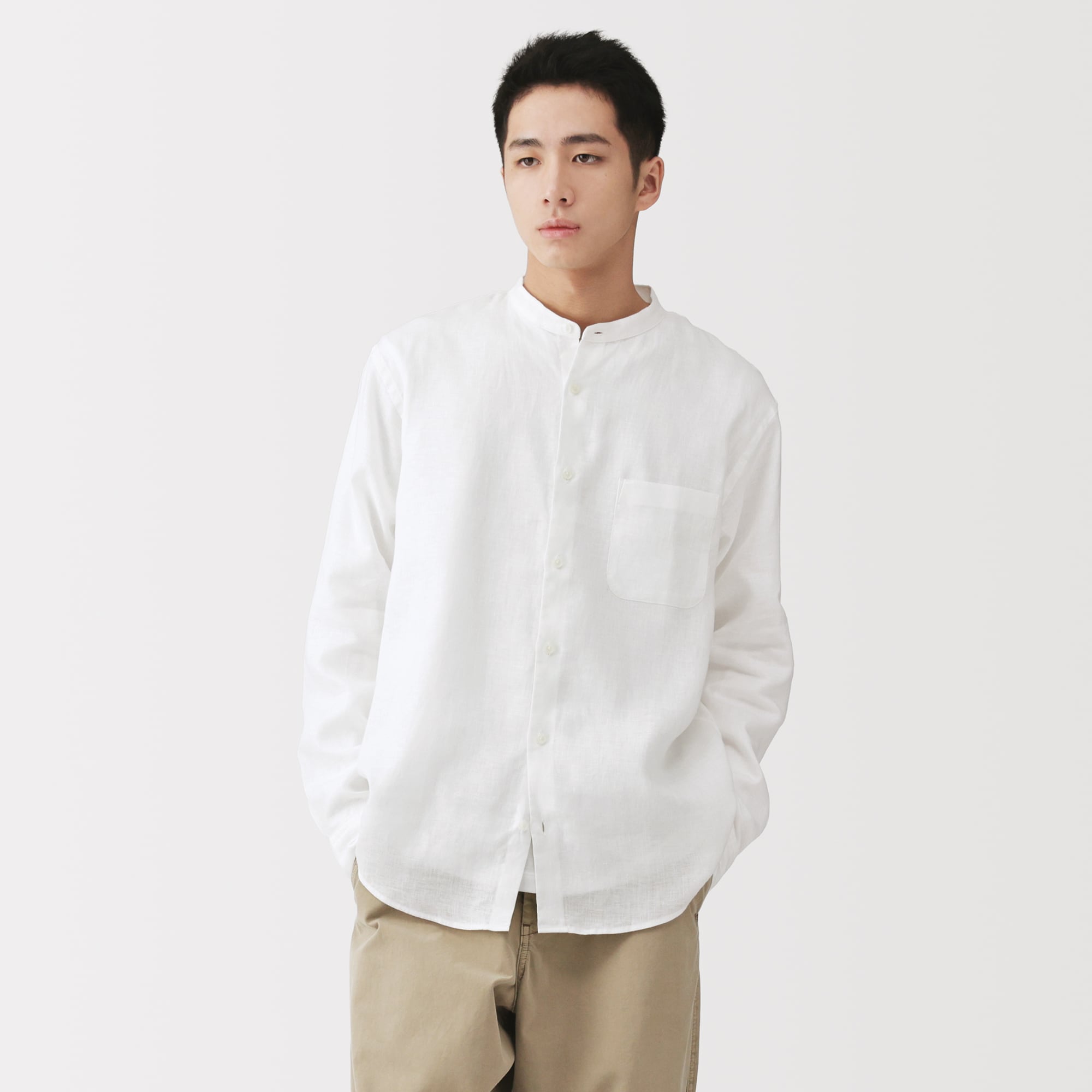 紳士　リネン洗いざらしスタンドカラー長袖シャツ