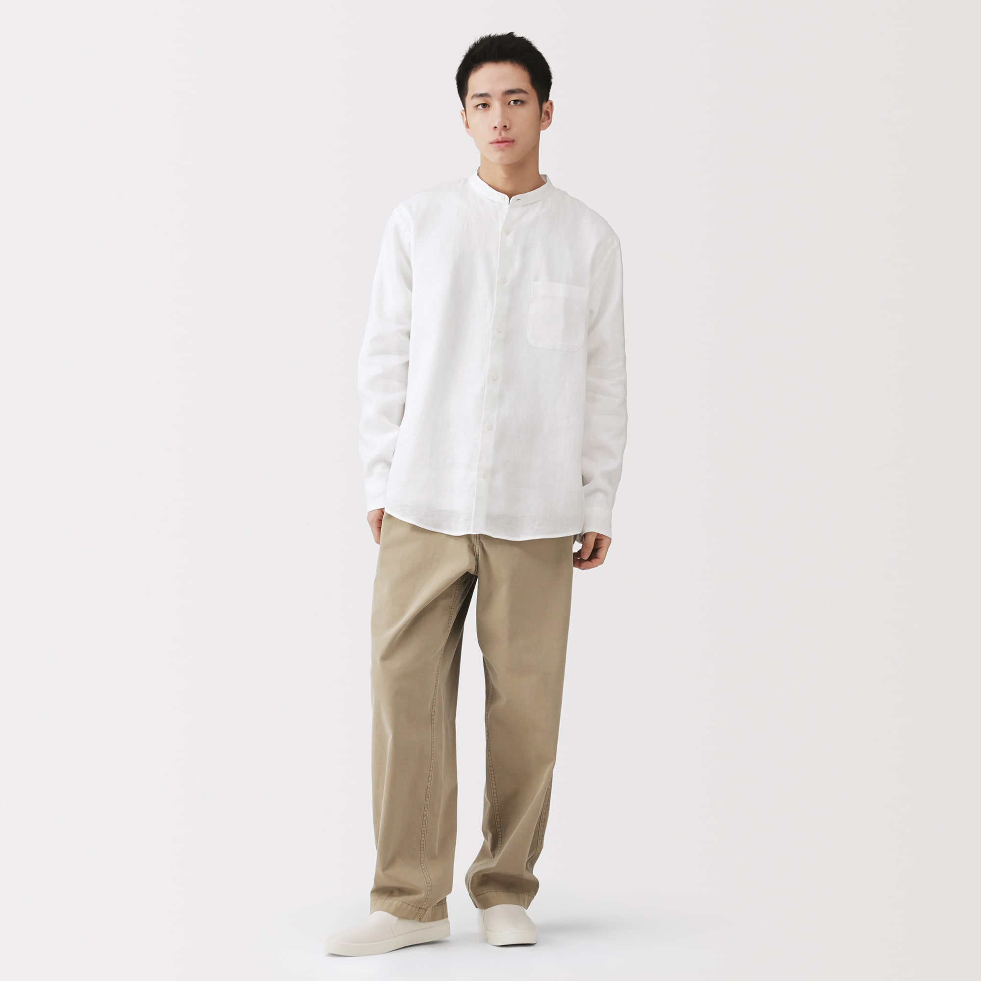 紳士　リネン洗いざらしスタンドカラー長袖シャツ
