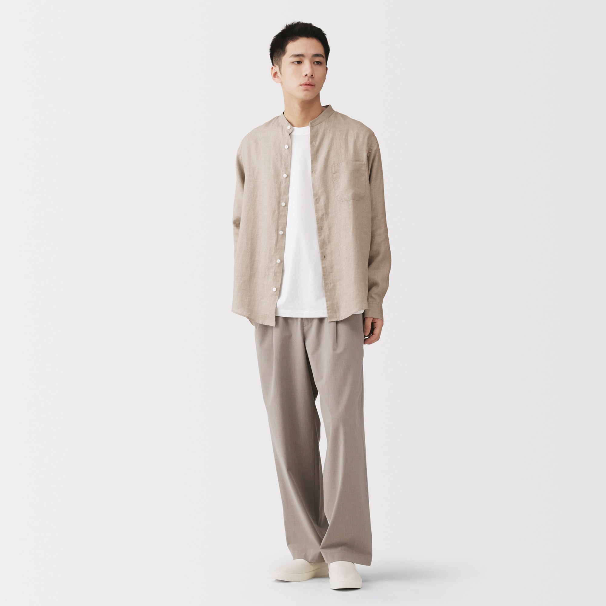 紳士 リネン洗いざらしスタンドカラー長袖シャツ | 無印良品