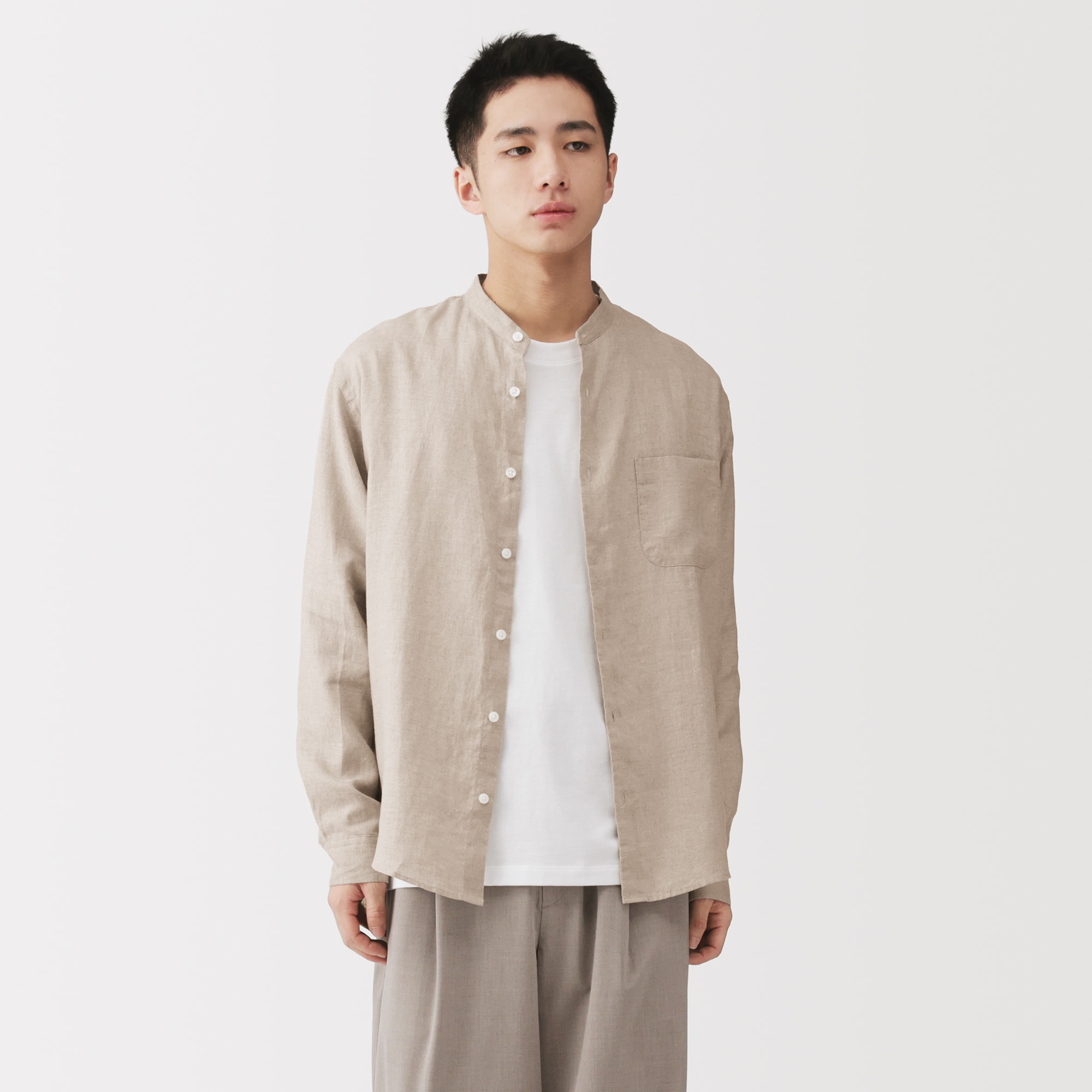 紳士　リネン洗いざらしスタンドカラー長袖シャツ
