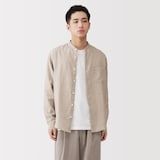 紳士　リネン洗いざらしスタンドカラー長袖シャツ