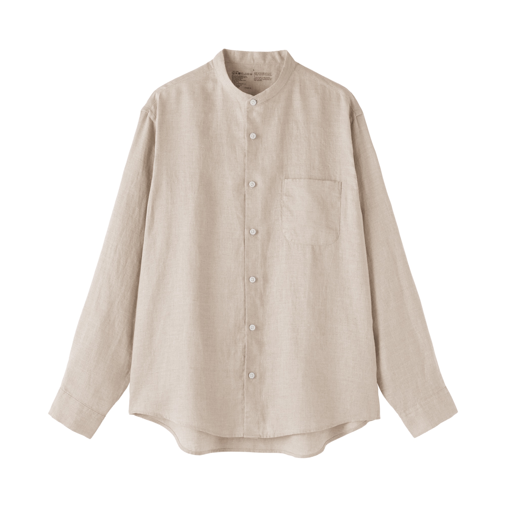 紳士　リネン洗いざらしスタンドカラー長袖シャツ