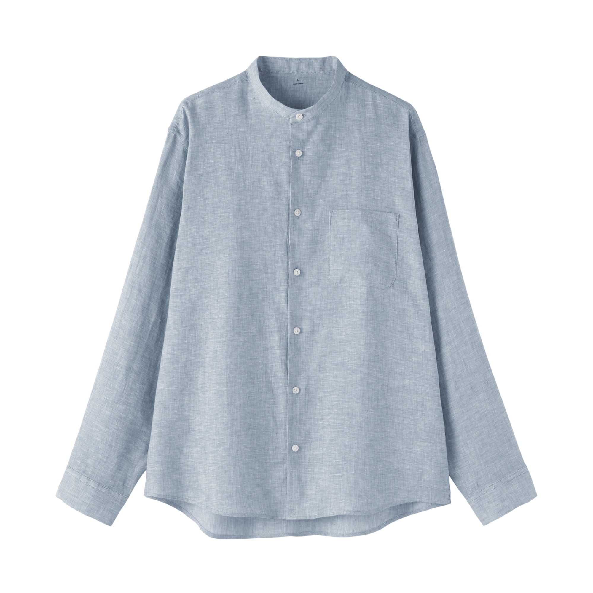 紳士　リネン洗いざらしスタンドカラー長袖シャツ