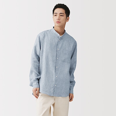 紳士　リネン洗いざらしスタンドカラー長袖シャツ