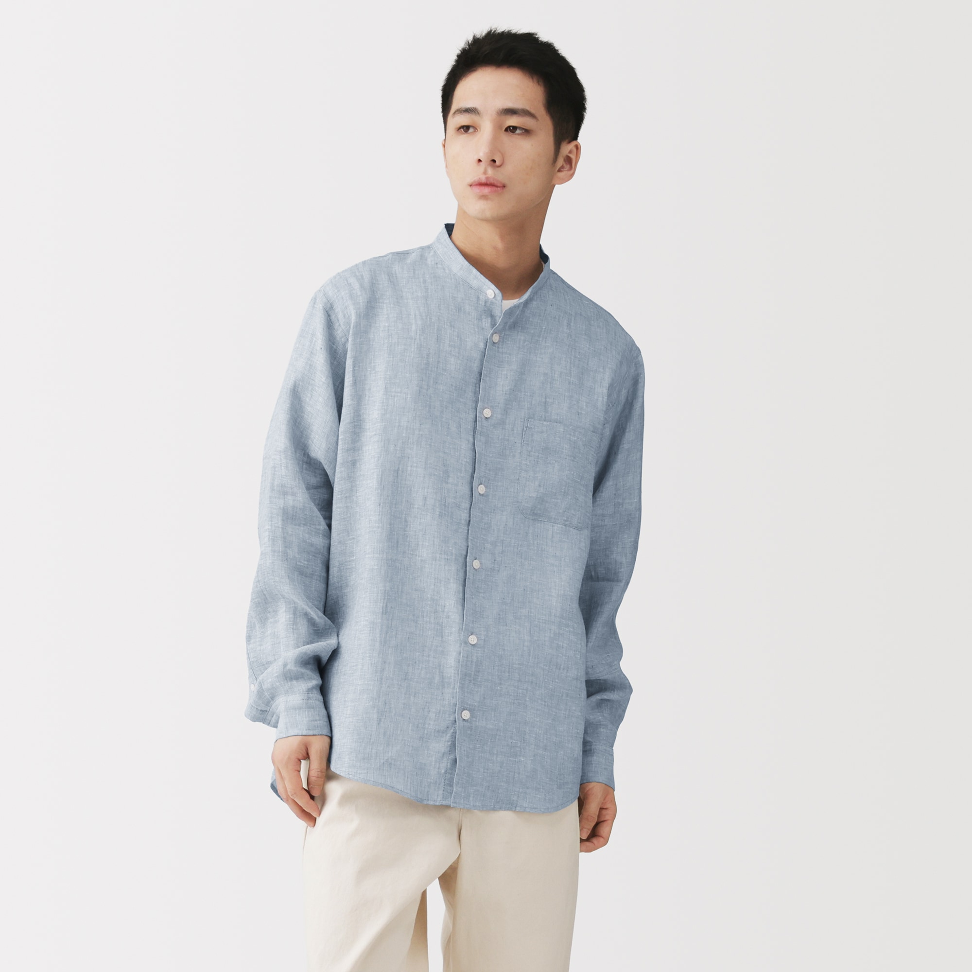 紳士 リネン洗いざらしスタンドカラー長袖シャツ | 無印良品