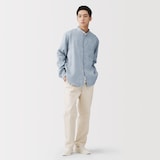 紳士　リネン洗いざらしスタンドカラー長袖シャツ