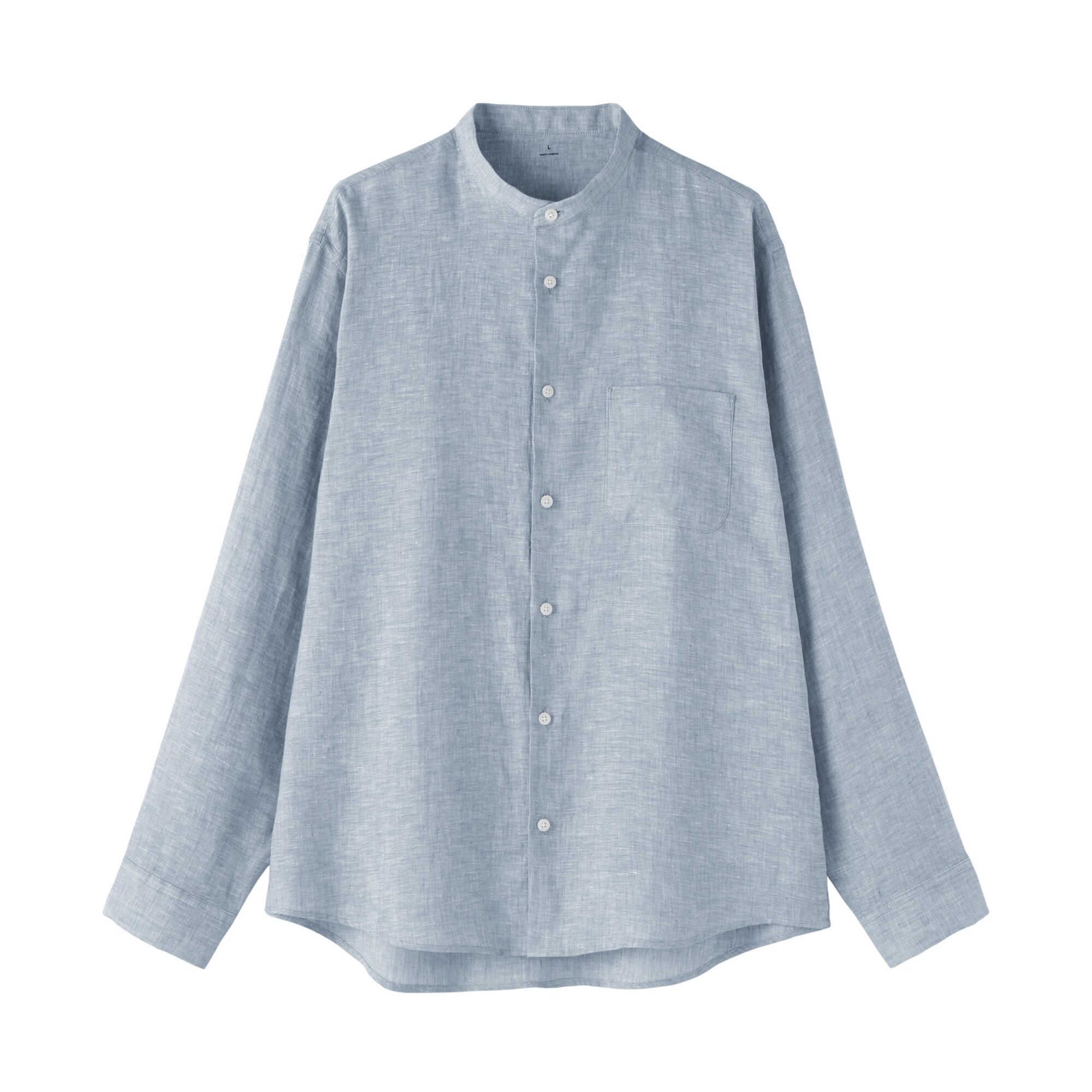 紳士　リネン洗いざらしスタンドカラー長袖シャツ