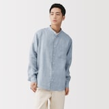 紳士　リネン洗いざらしスタンドカラー長袖シャツ