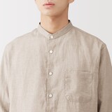 紳士　リネン洗いざらしスタンドカラー長袖シャツ
