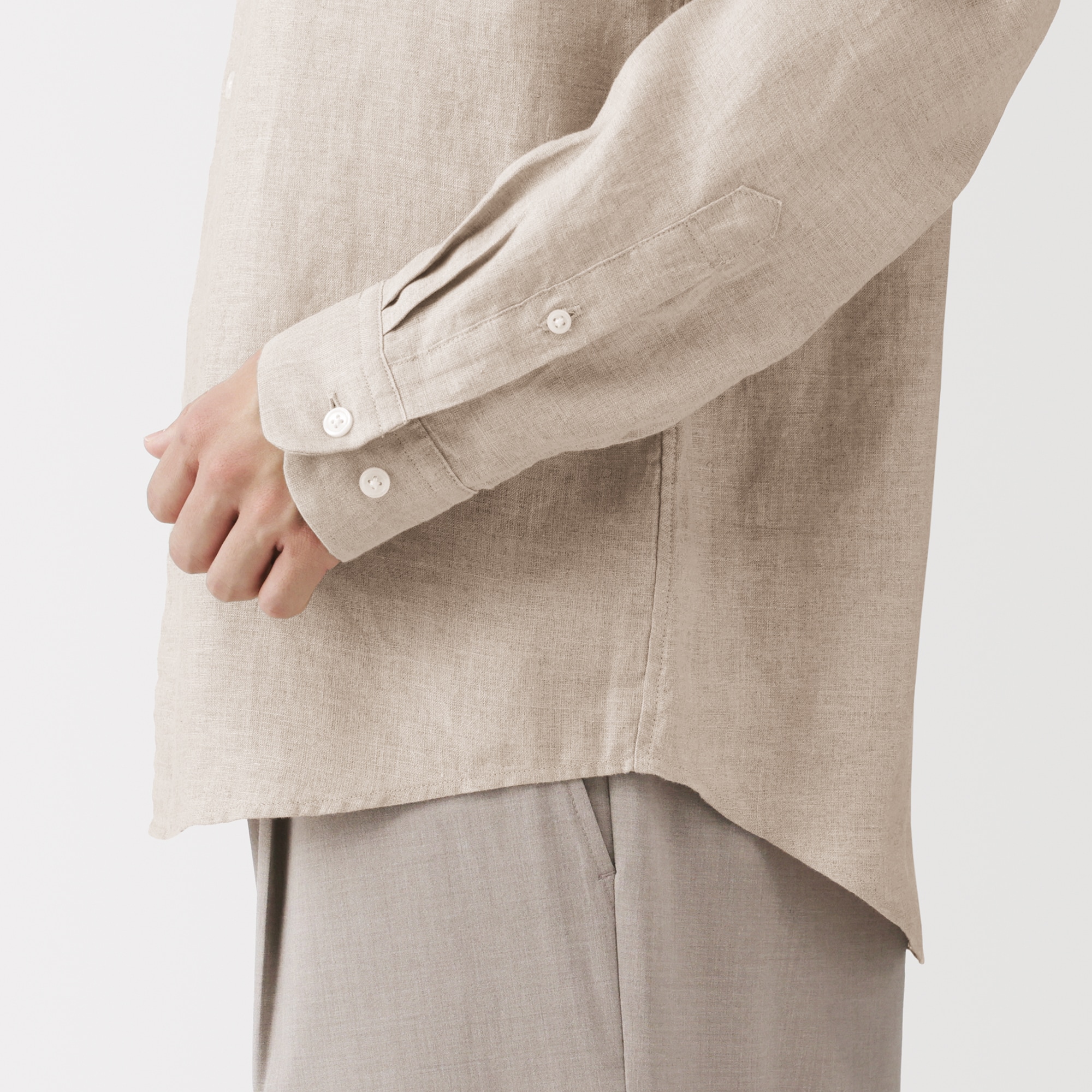 紳士　リネン洗いざらしスタンドカラー長袖シャツ