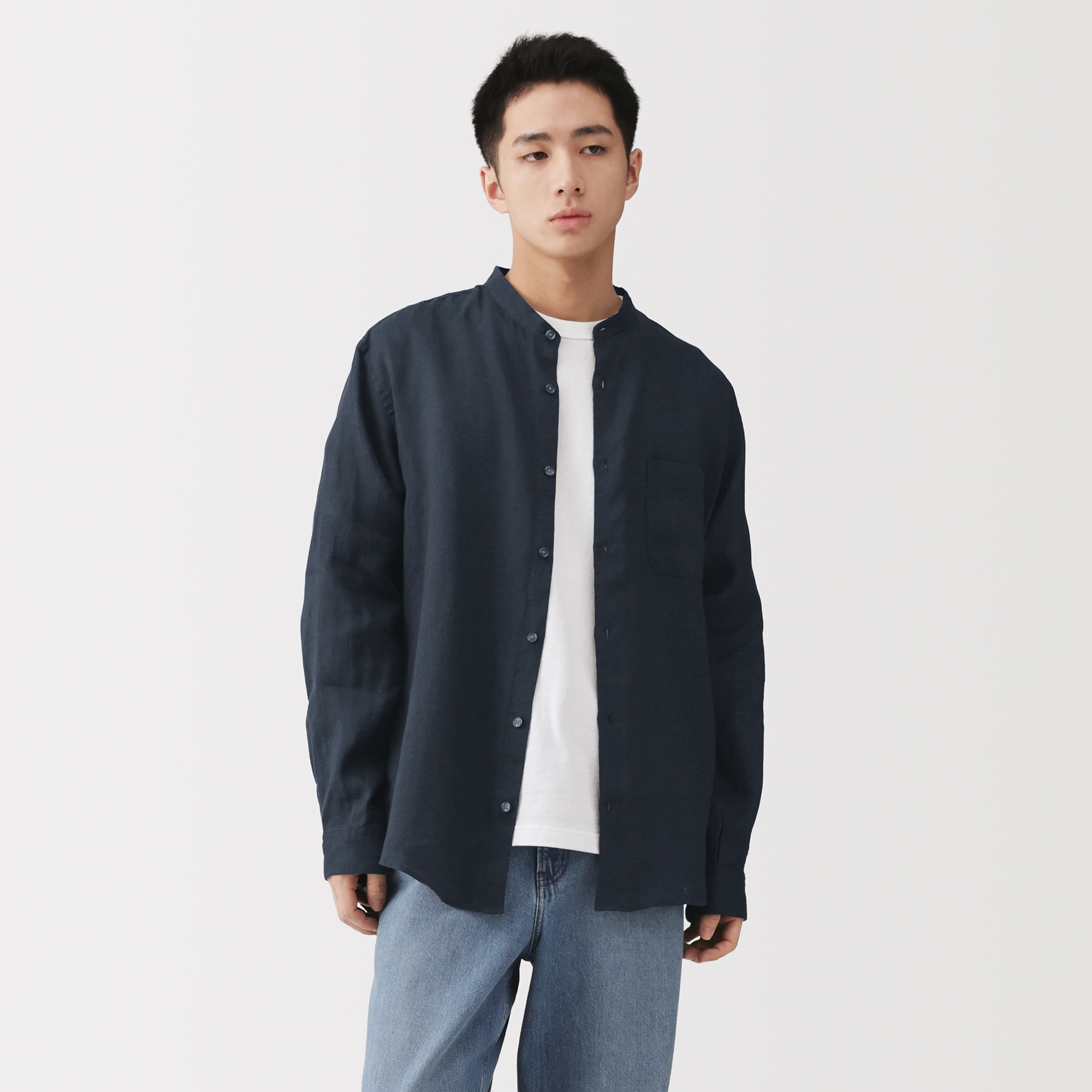 紳士 リネン洗いざらしスタンドカラー長袖シャツ | 無印良品