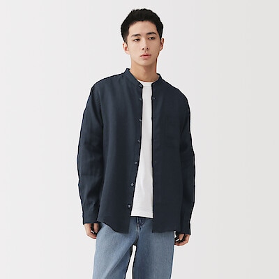 紳士　リネン洗いざらしスタンドカラー長袖シャツ