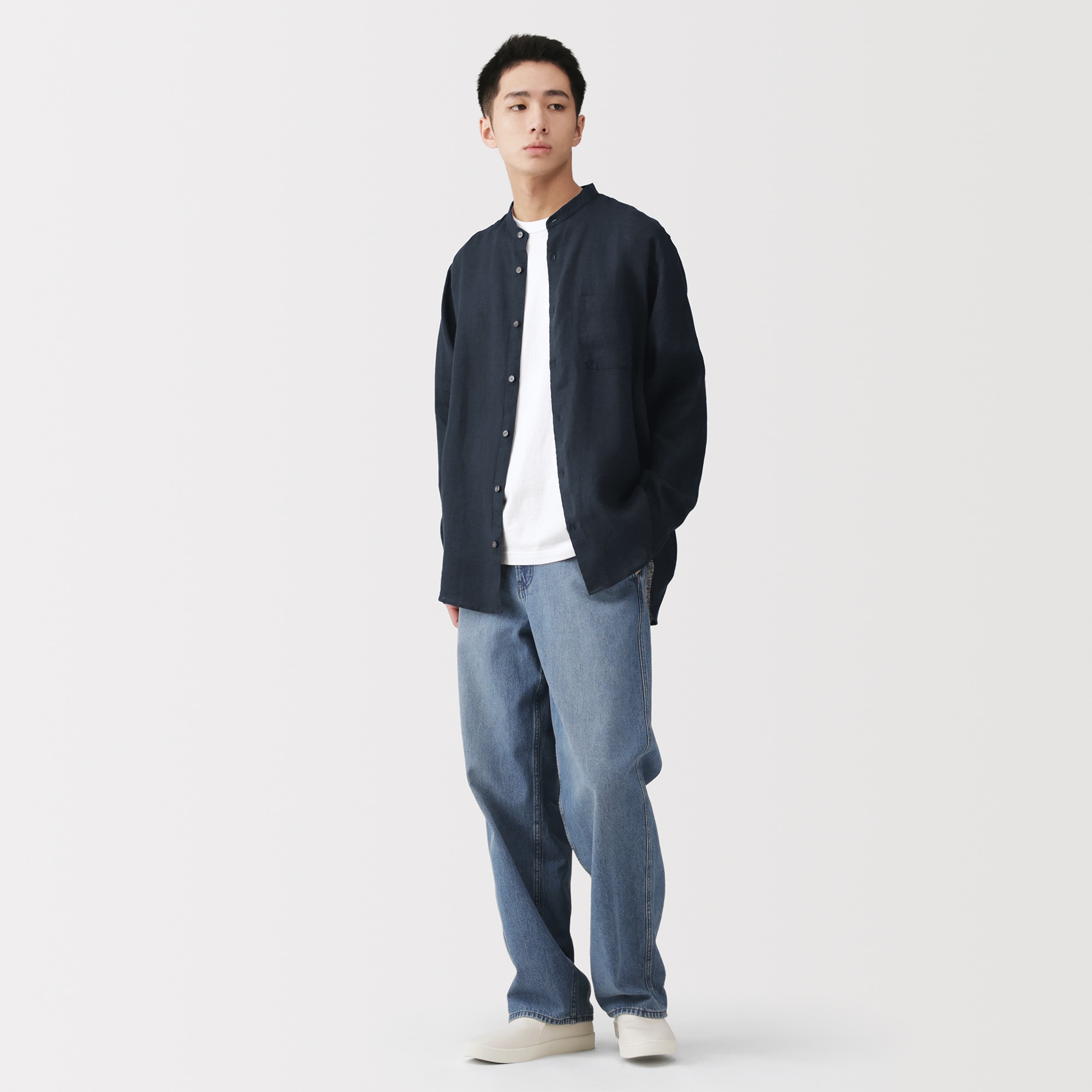 紳士　リネン洗いざらしスタンドカラー長袖シャツ