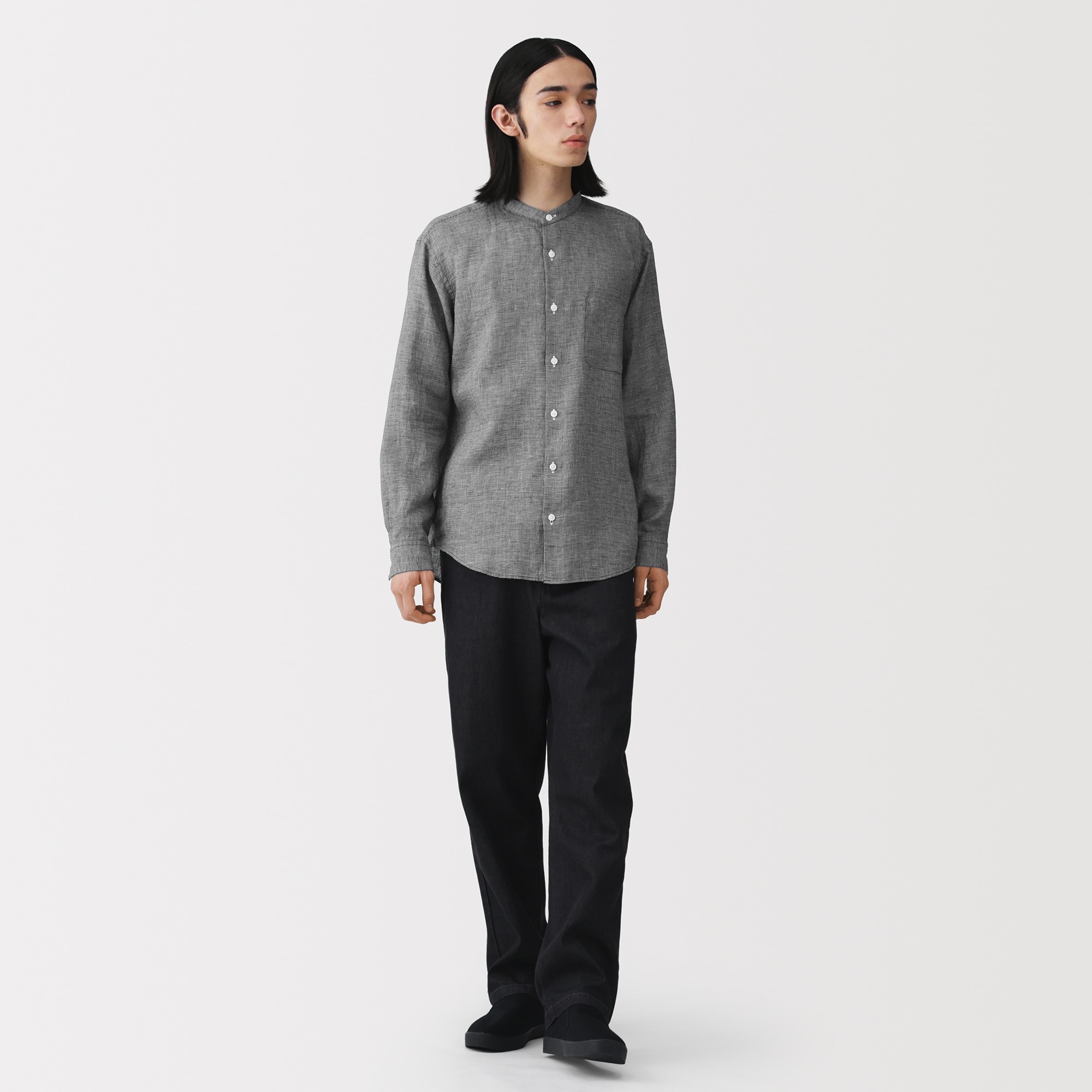 紳士　リネン洗いざらしスタンドカラー長袖シャツ