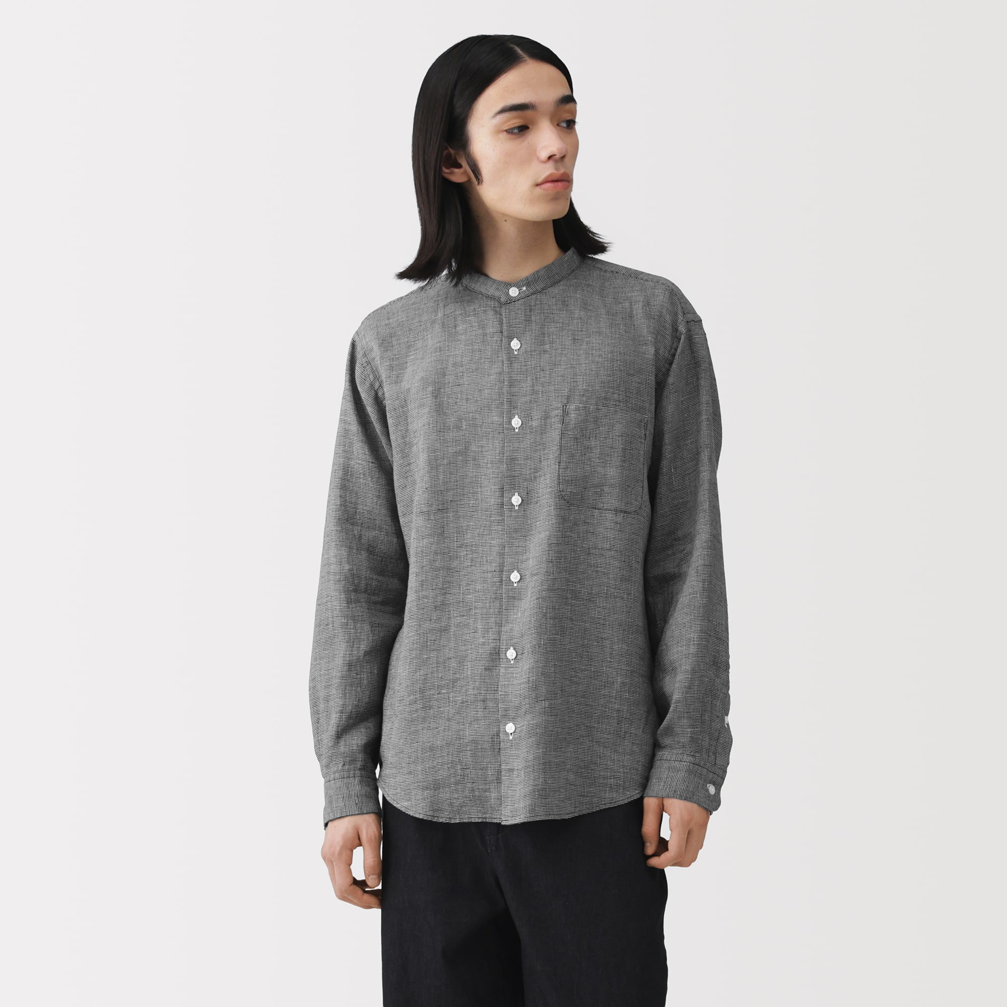 紳士　リネン洗いざらしスタンドカラー長袖シャツ