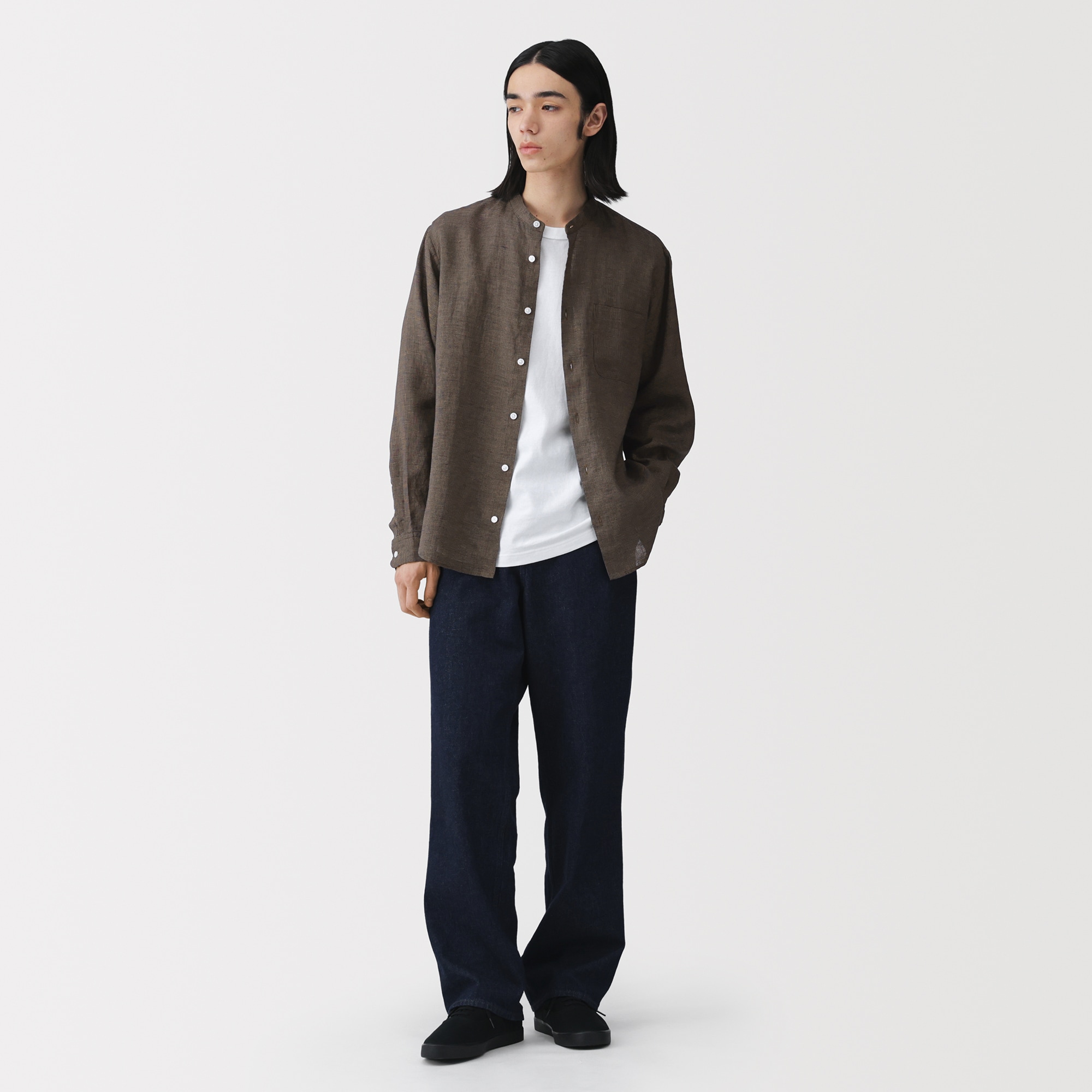 紳士　リネン洗いざらしスタンドカラー長袖シャツ