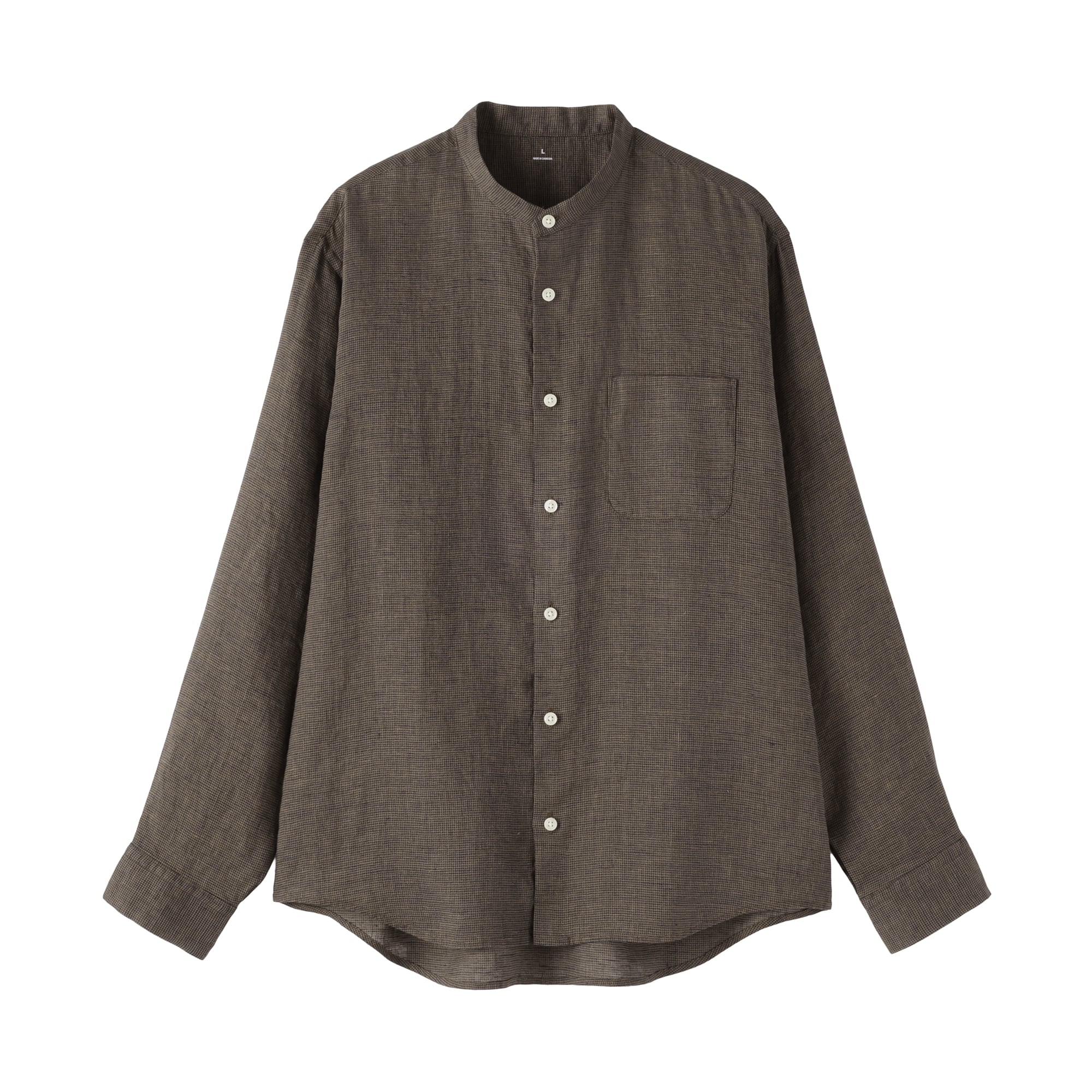 紳士　リネン洗いざらしスタンドカラー長袖シャツ