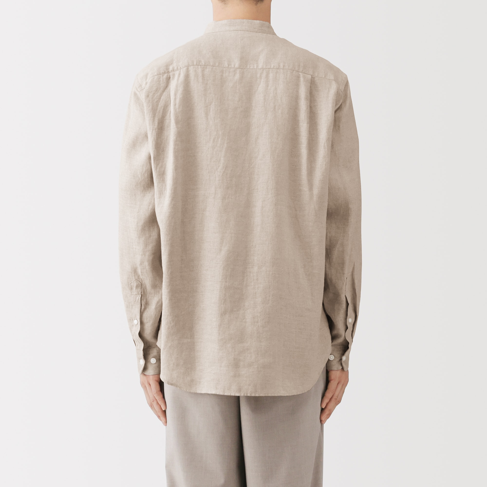 紳士　リネン洗いざらしスタンドカラー長袖シャツ