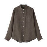 紳士　リネン洗いざらしスタンドカラー長袖シャツ