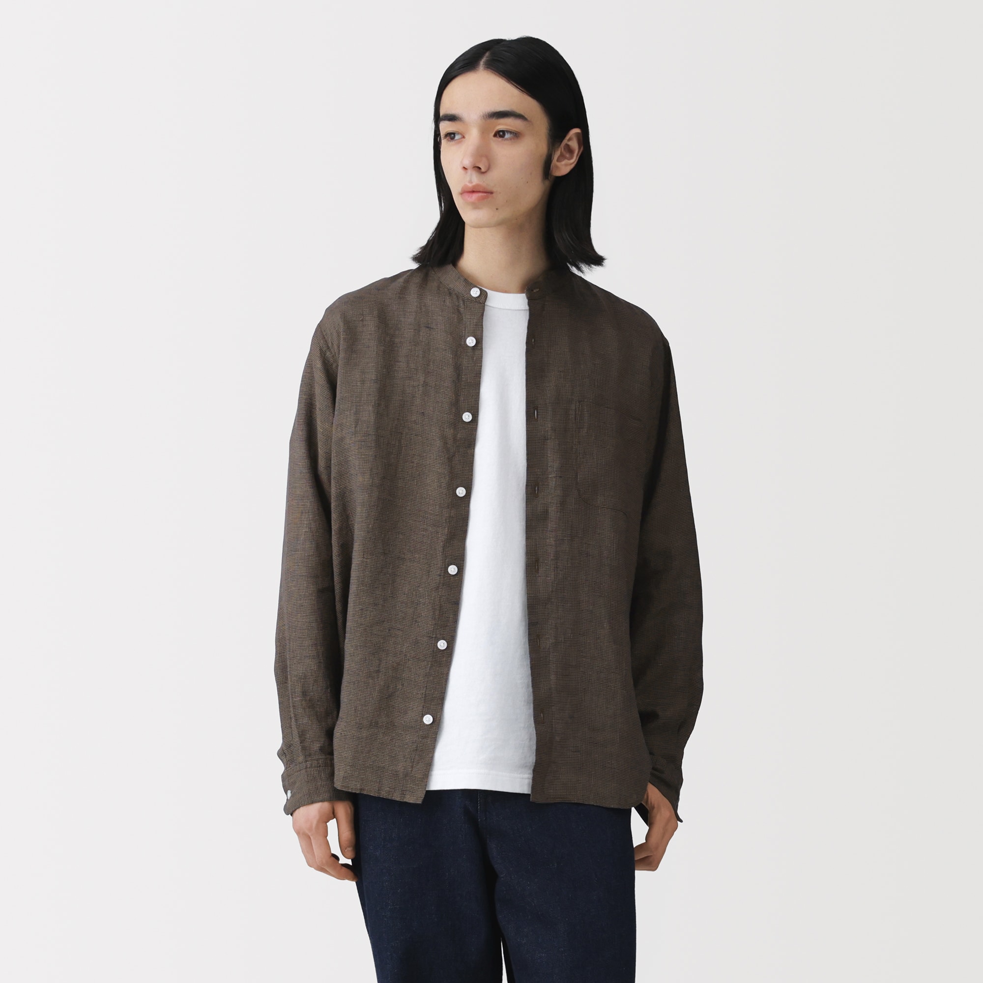 紳士　リネン洗いざらしスタンドカラー長袖シャツ
