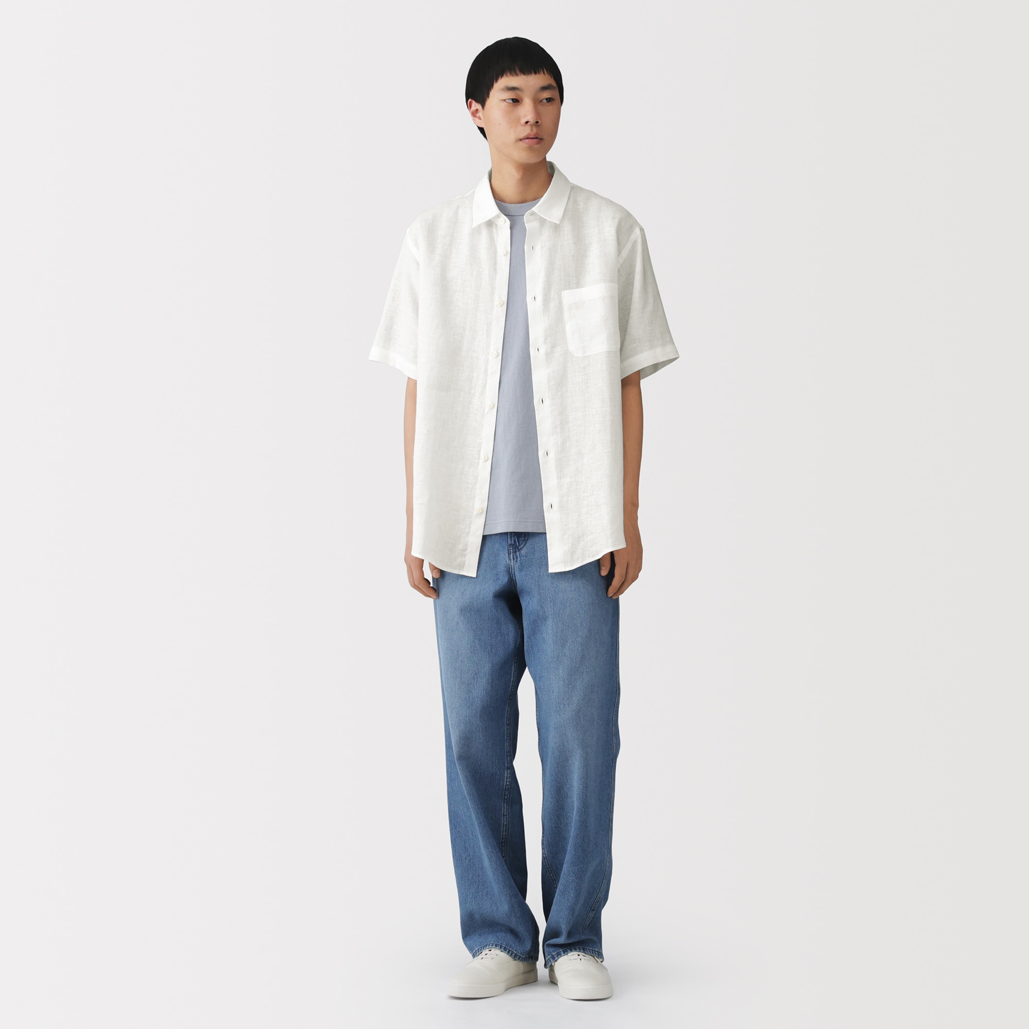 紳士　リネン洗いざらし半袖シャツ