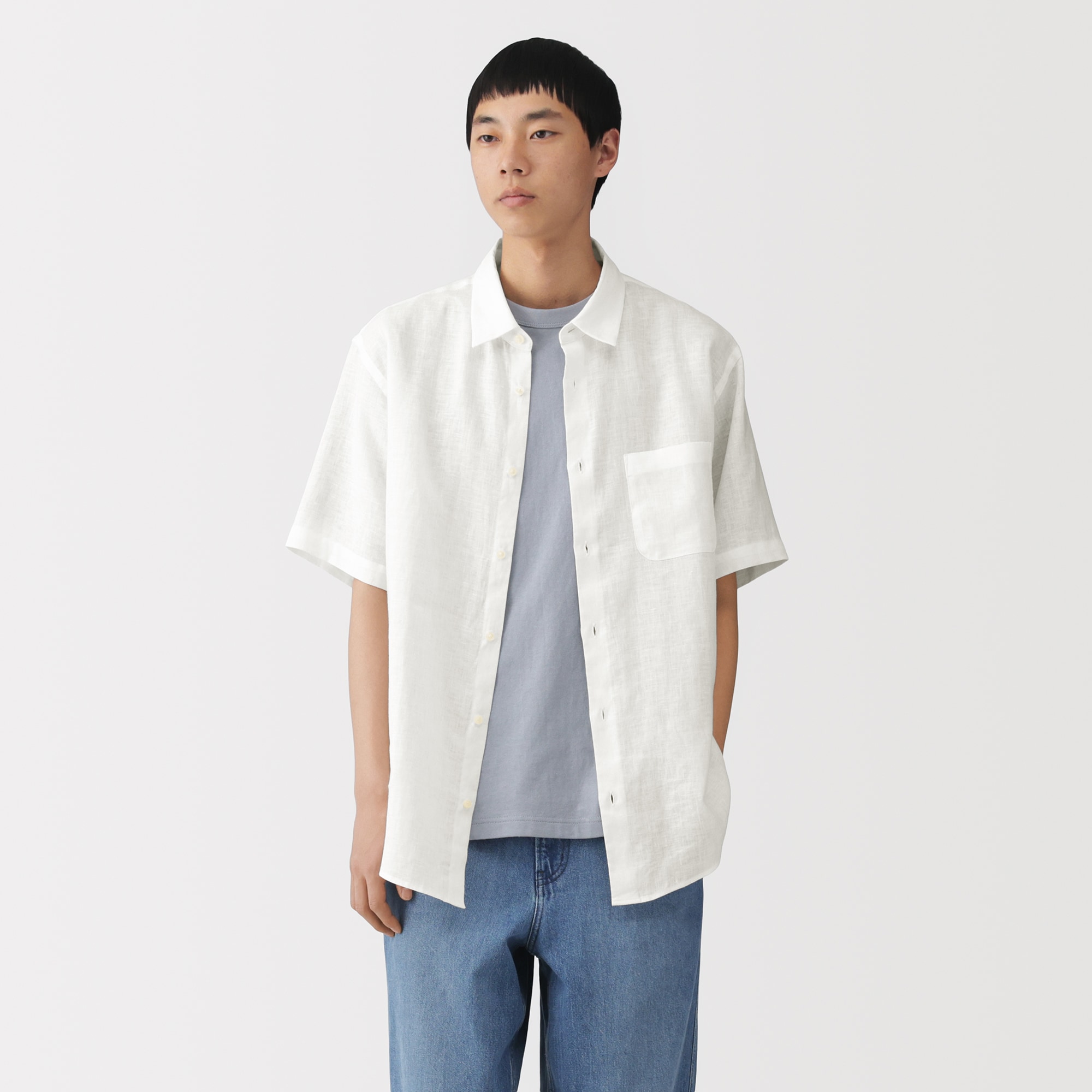 紳士　リネン洗いざらし半袖シャツ
