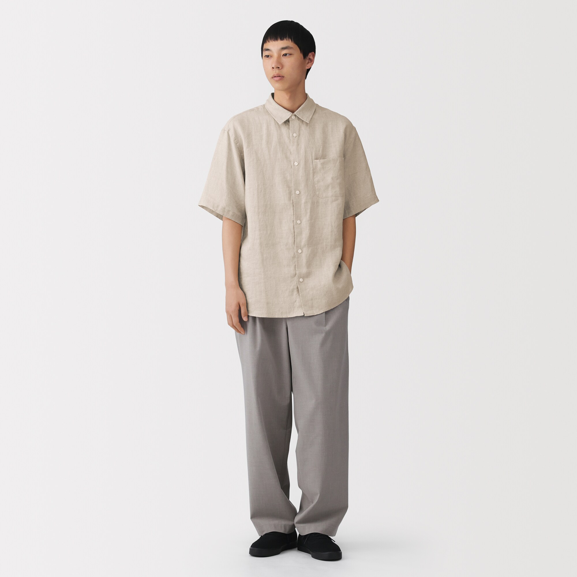 紳士　リネン洗いざらし半袖シャツ