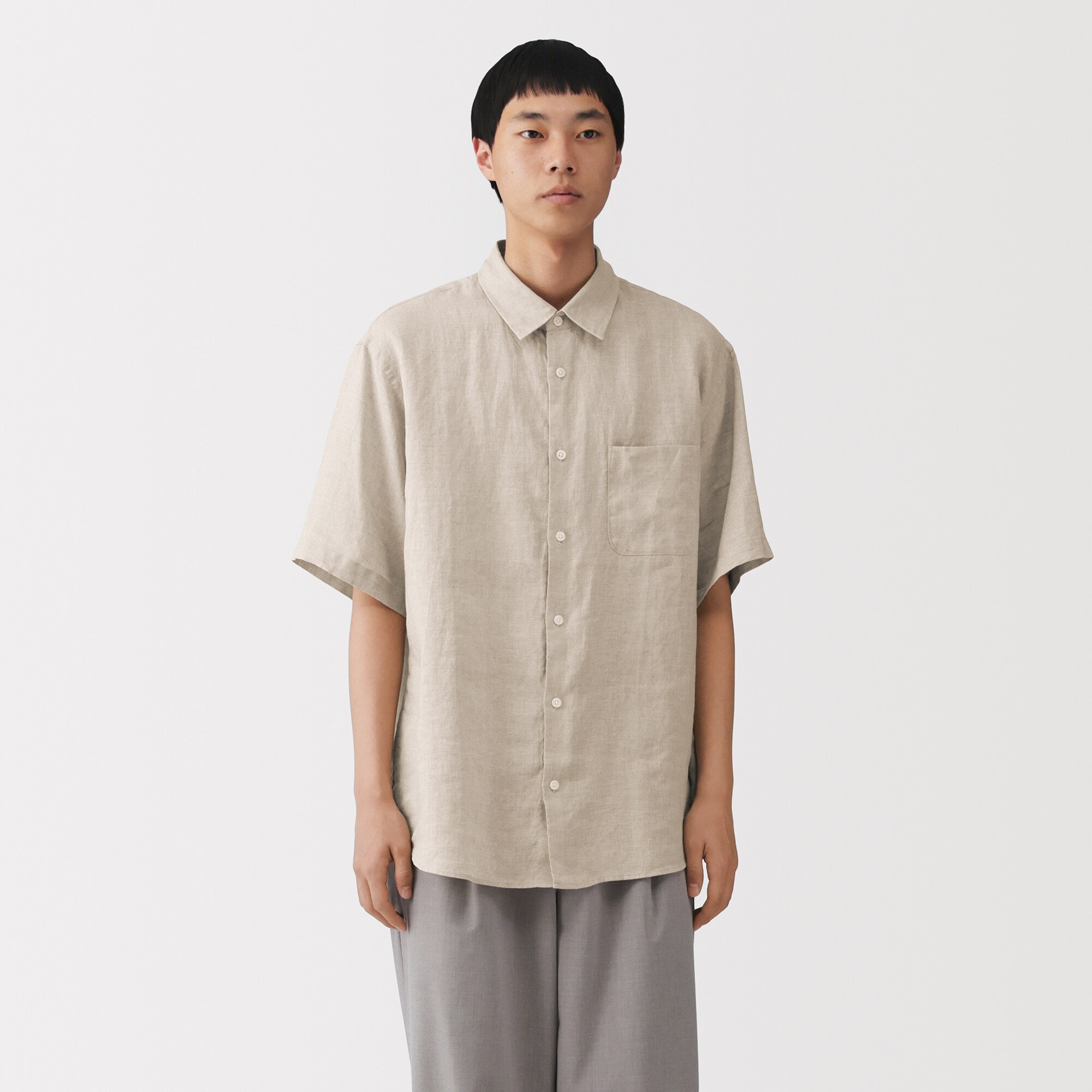 紳士　リネン洗いざらし半袖シャツ