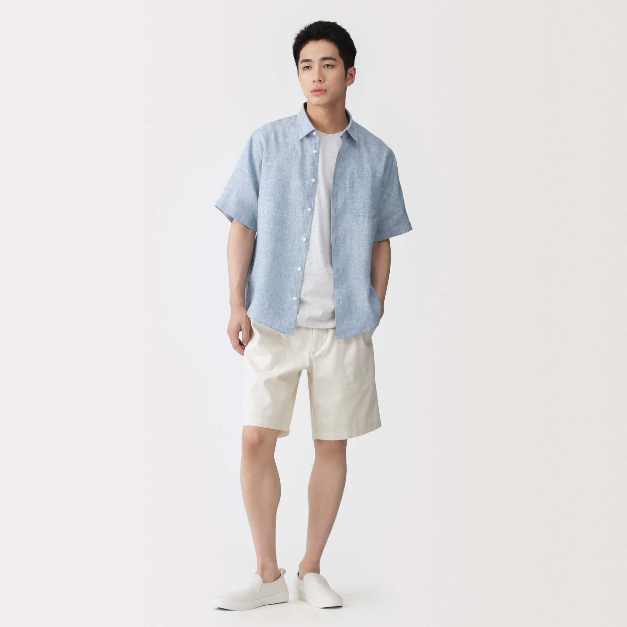 紳士　リネン洗いざらし半袖シャツ