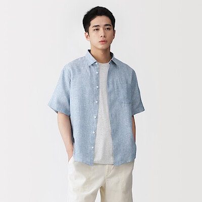 紳士　リネン洗いざらし半袖シャツ