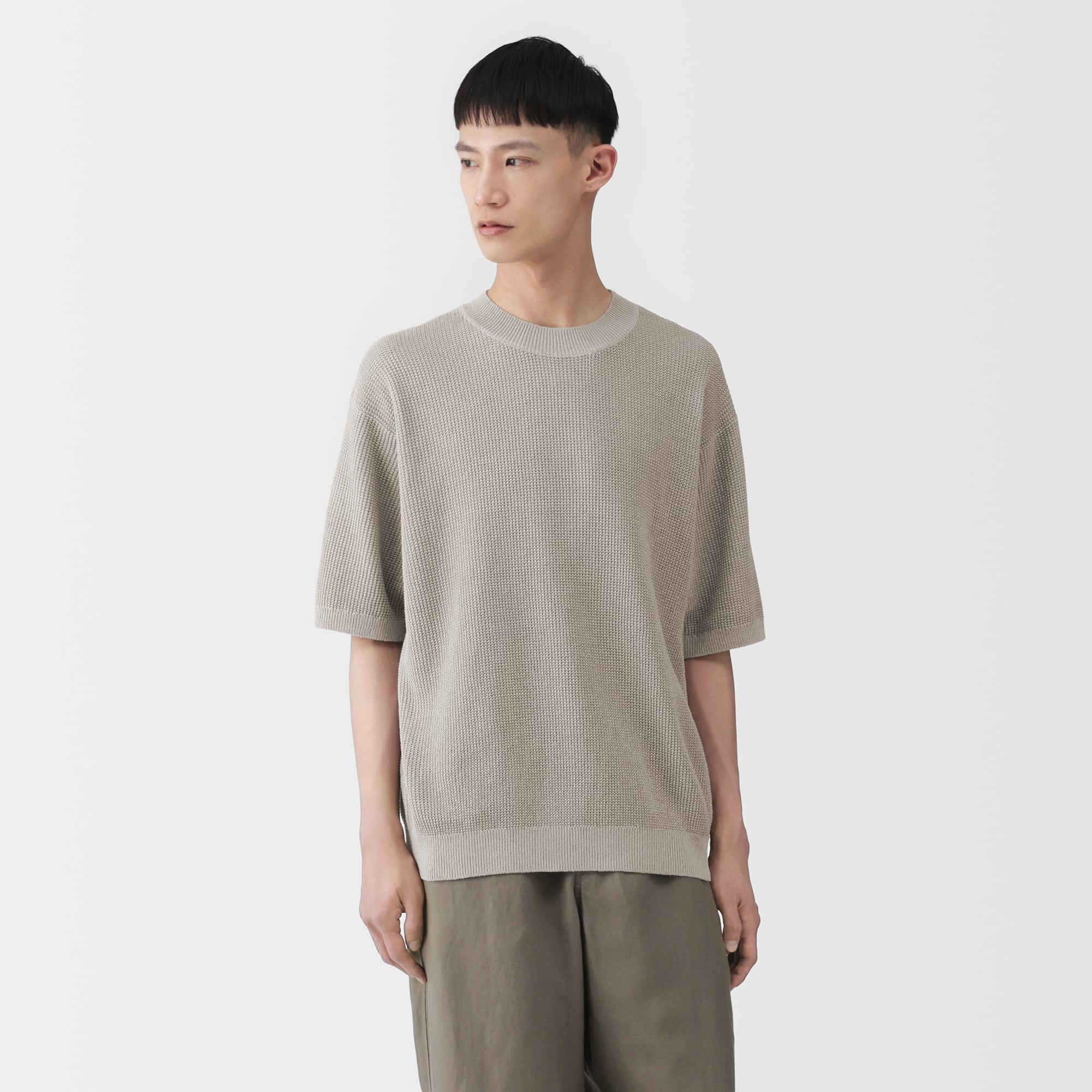 カットソー(半袖/袖なし) OLDEN PLAID KNIT 楊柳カットソージャガードゆるシルエット5分袖ドルマンプルオーバー