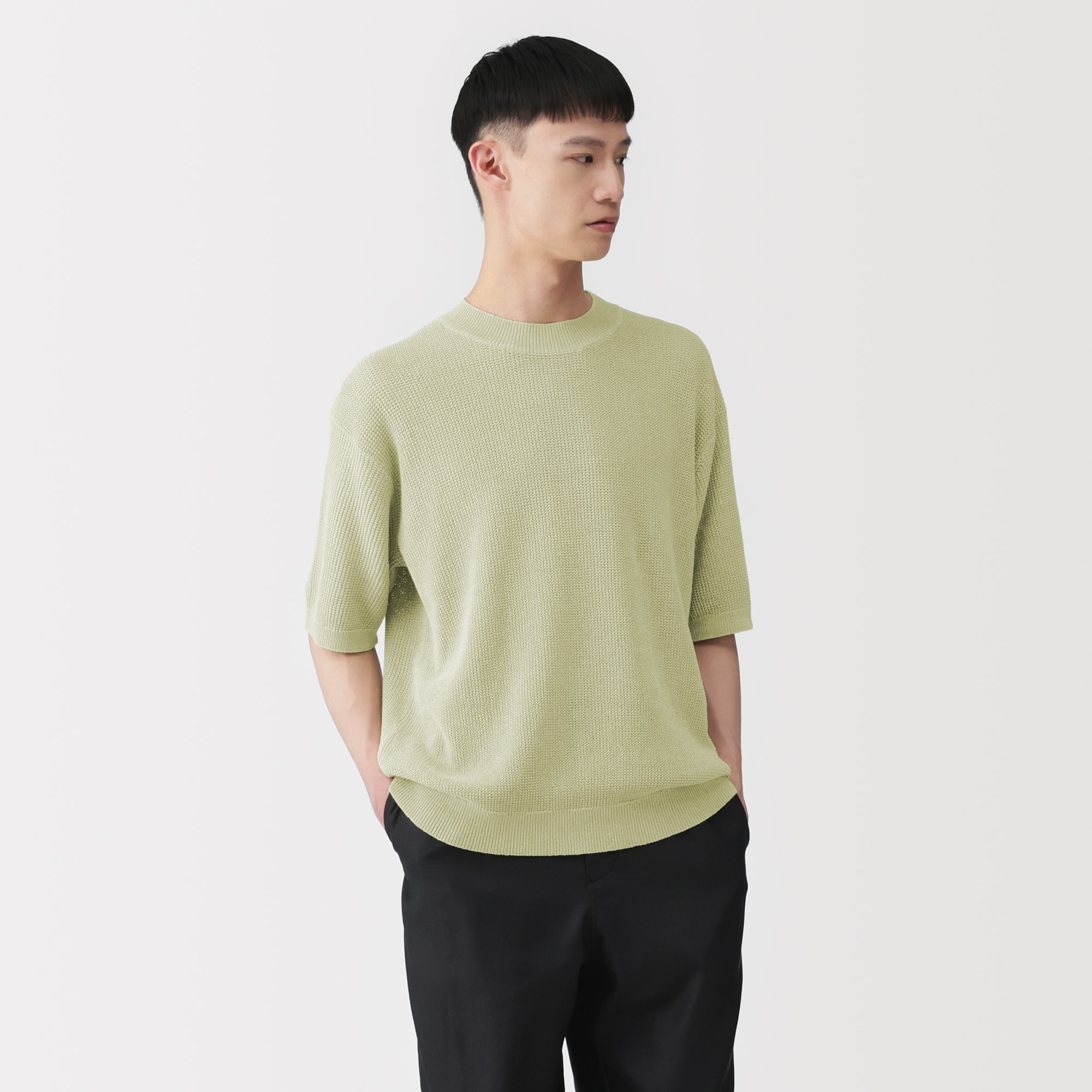 紳士　和紙混半袖クルーネックセーター