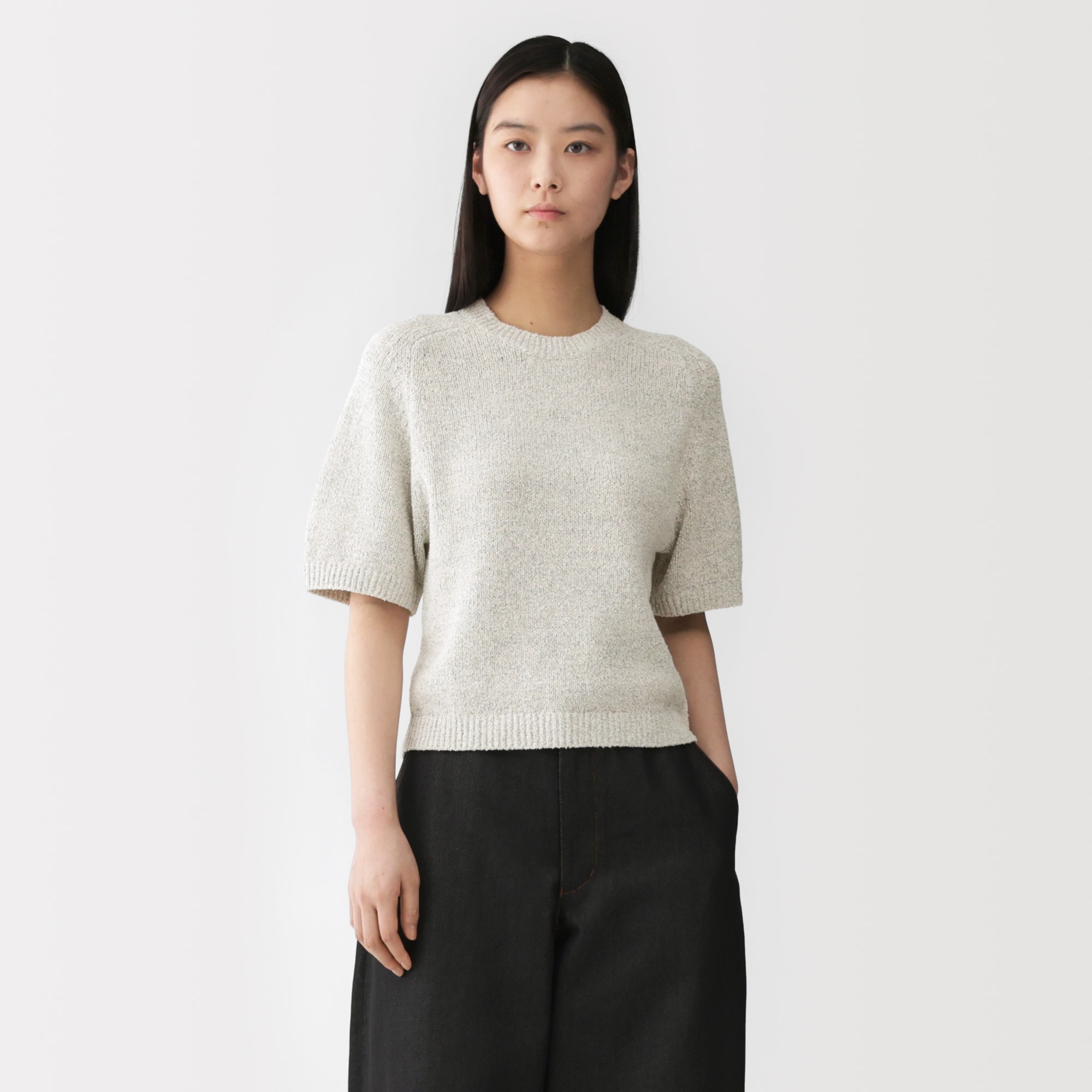 シシクイ COTTON CASHMERE リブニット カットソー 五分袖 ウォッシャブル ハイツイスト 五分袖 リブニット