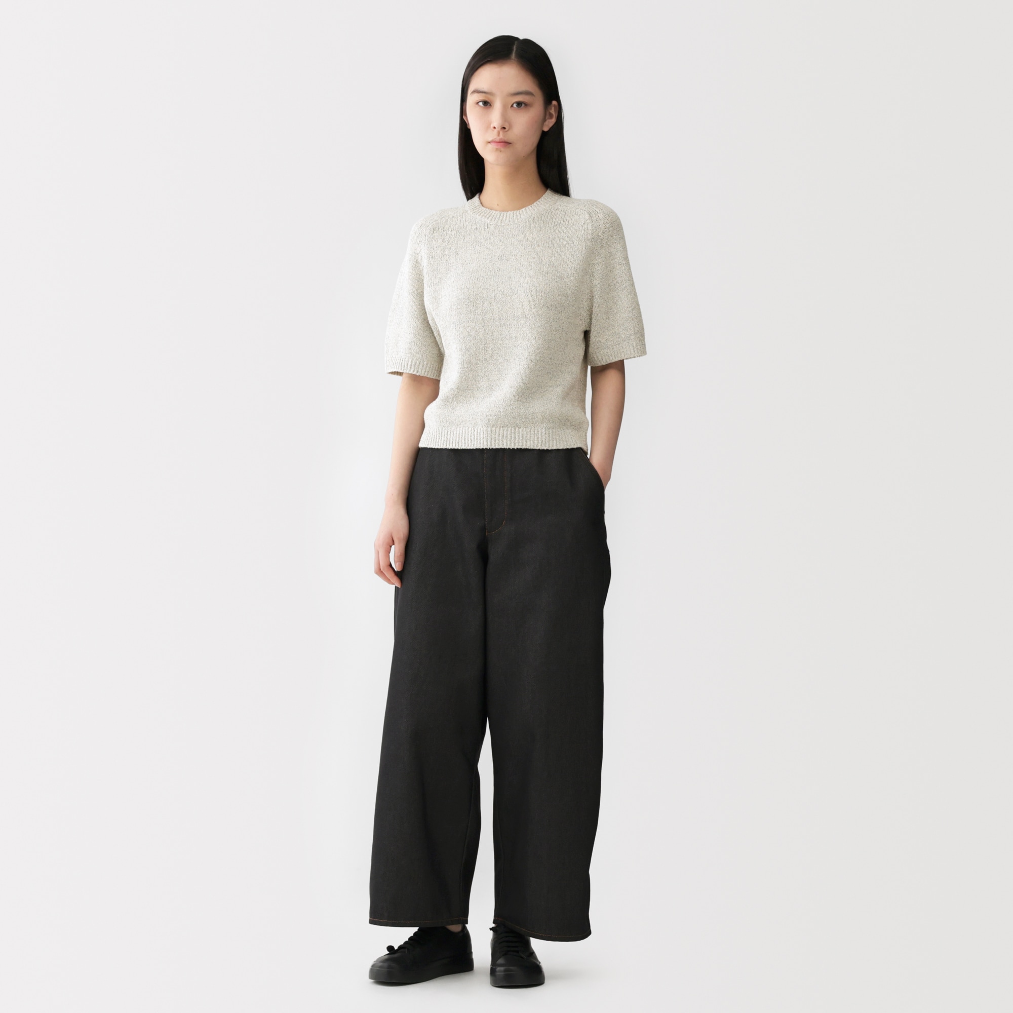 婦人　コットン混ブークレ五分袖セーター