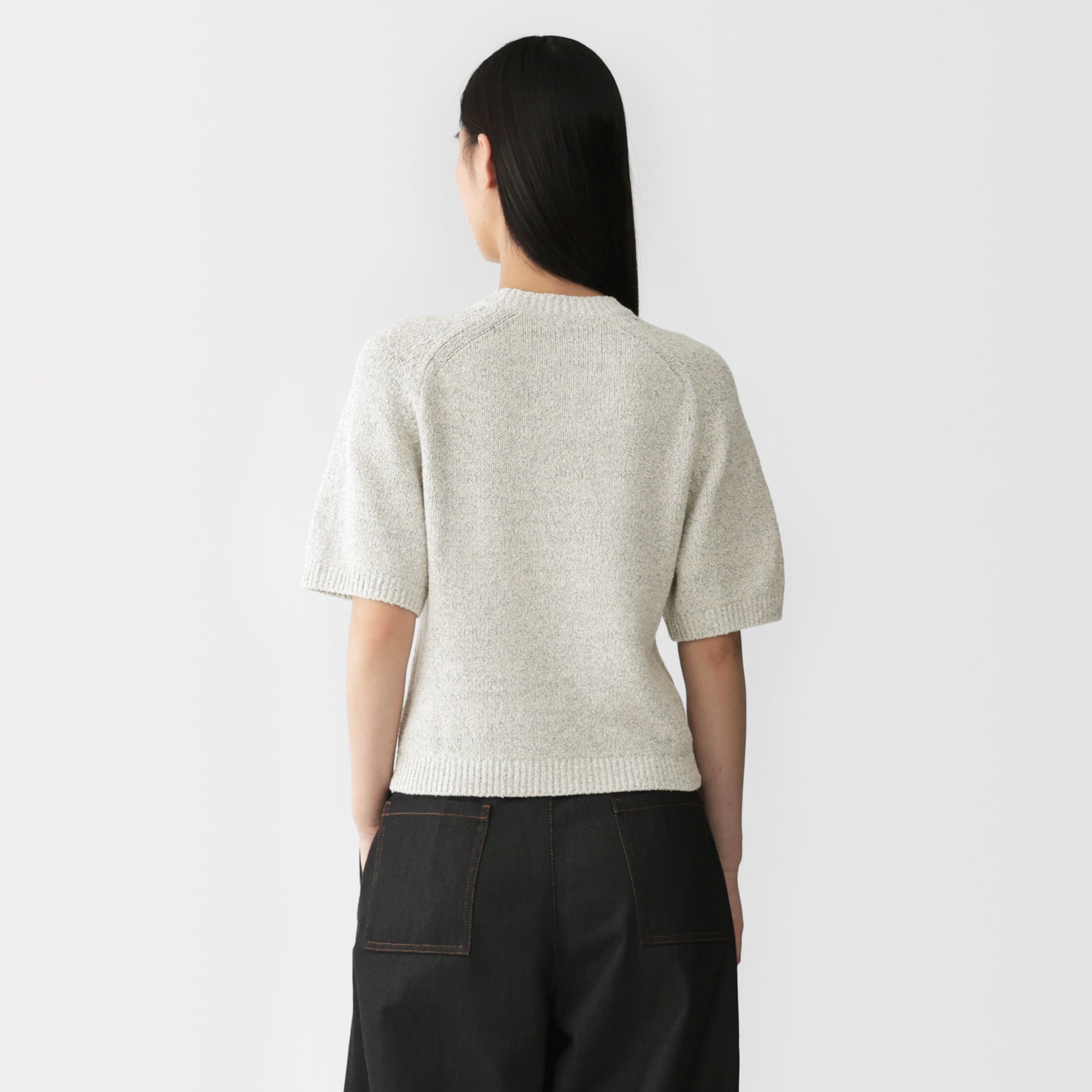 婦人　コットン混ブークレ五分袖セーター