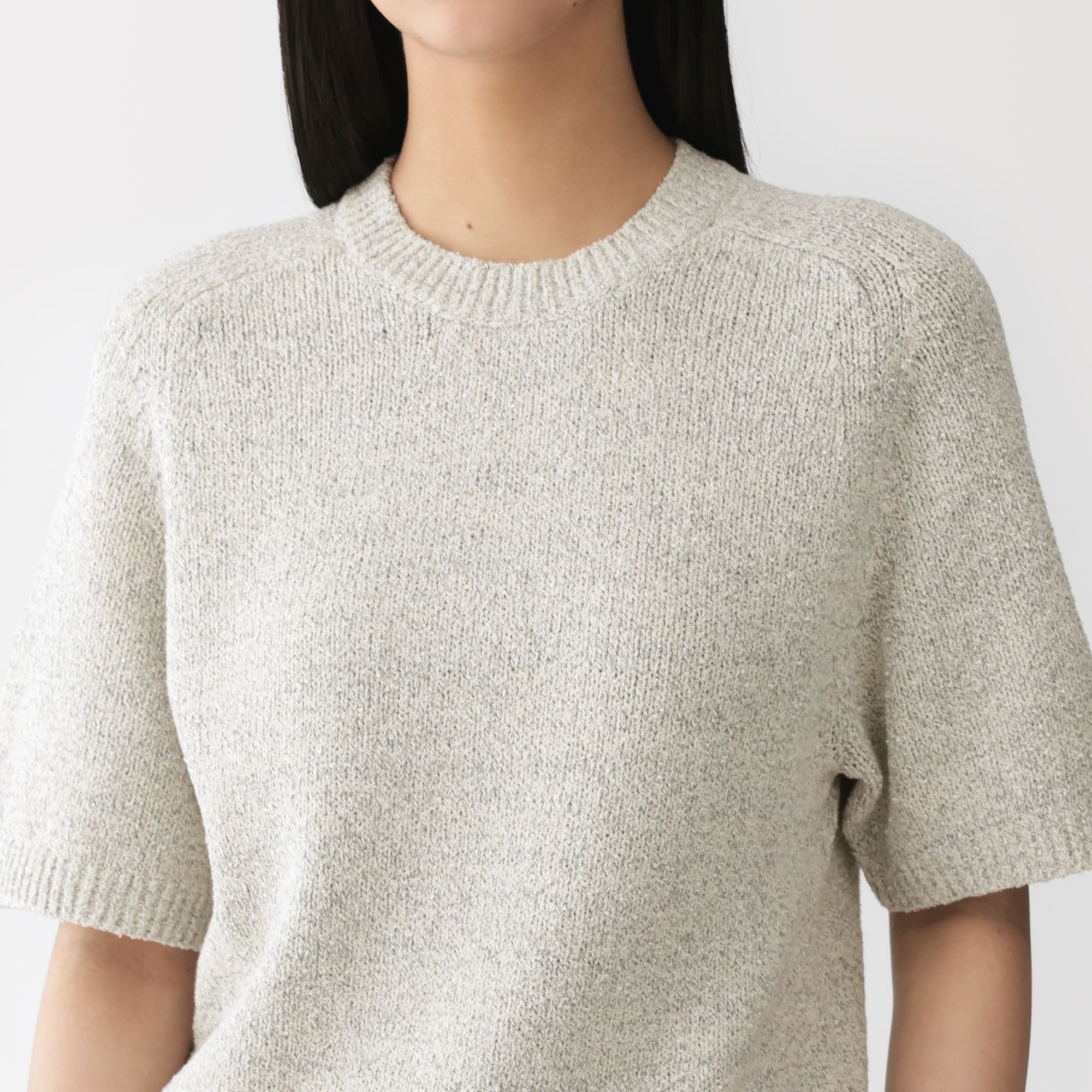 婦人　コットン混ブークレ五分袖セーター