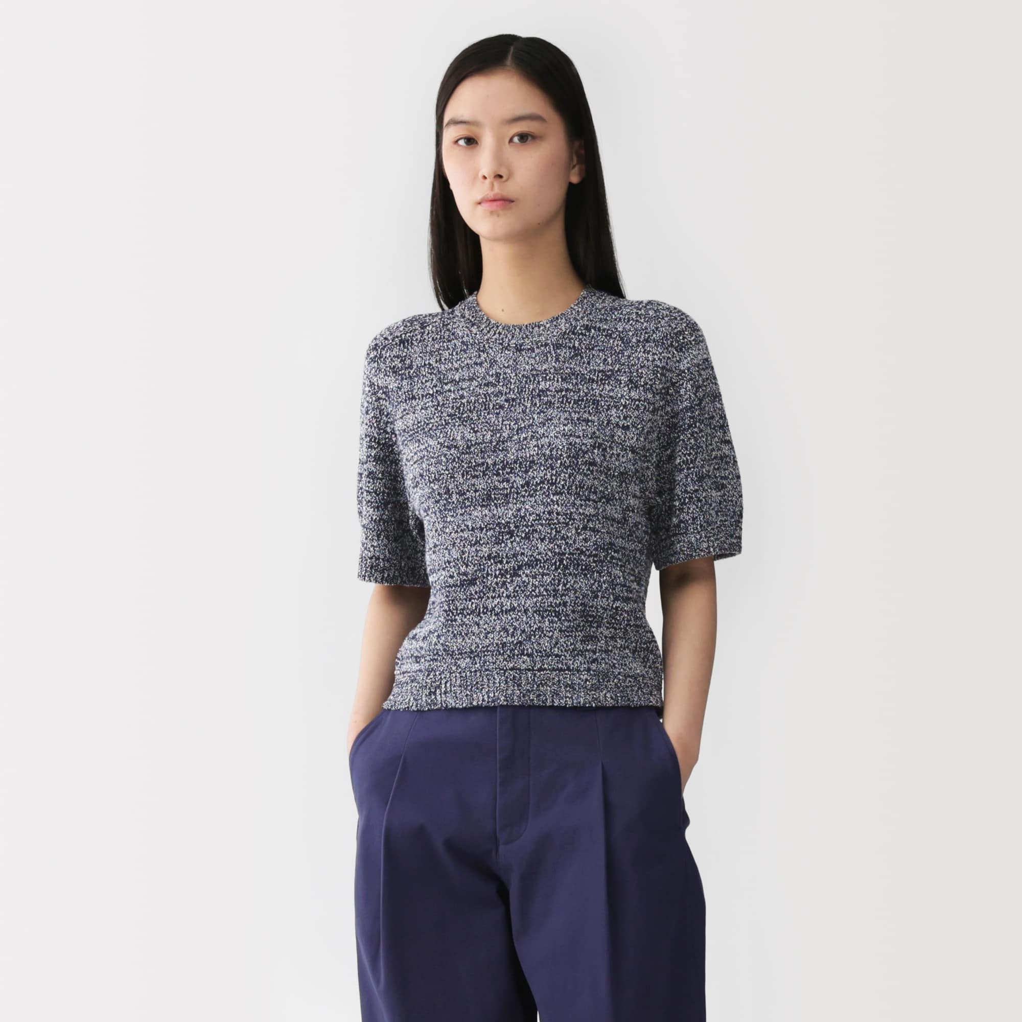 婦人　コットン混ブークレ五分袖セーター