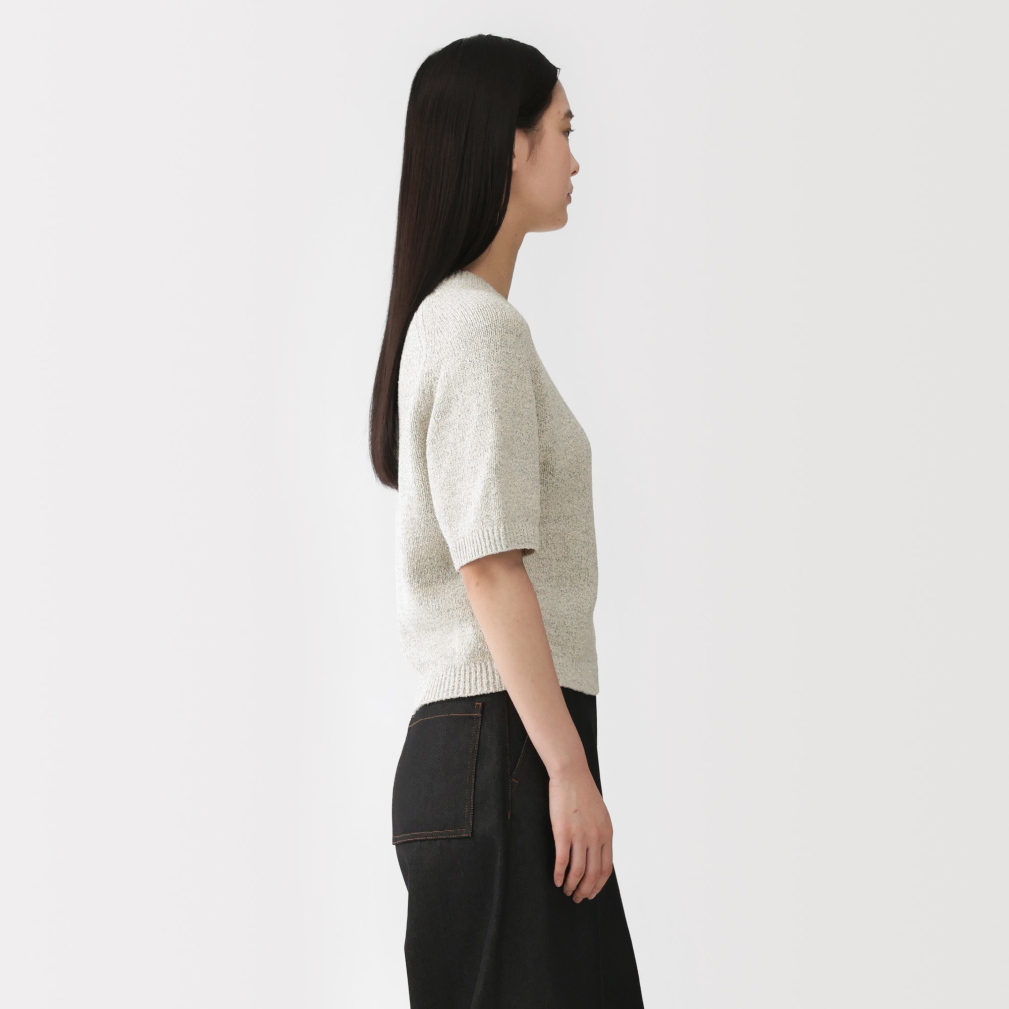 婦人　コットン混ブークレ五分袖セーター