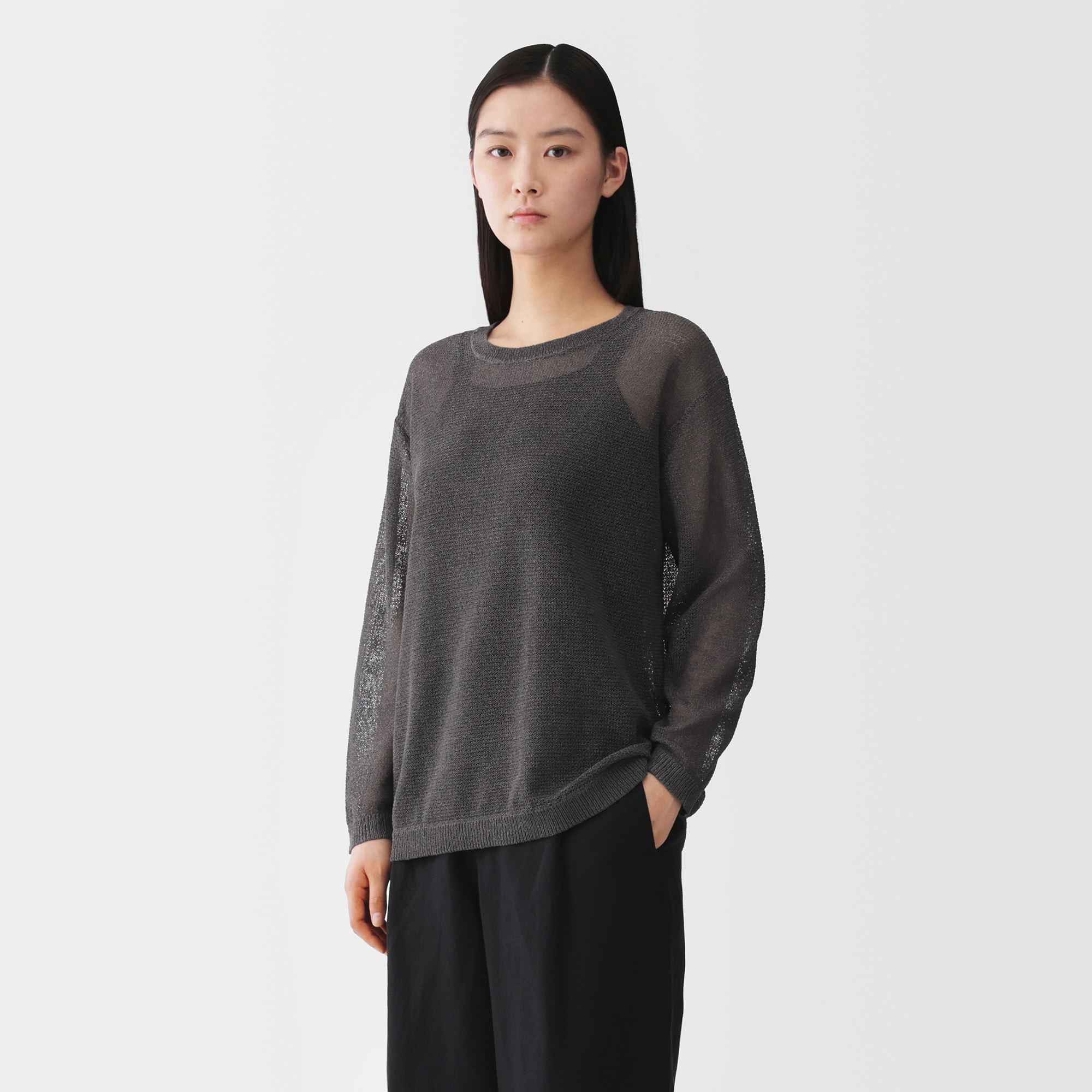 婦人　和紙混長袖クルーネックセーター