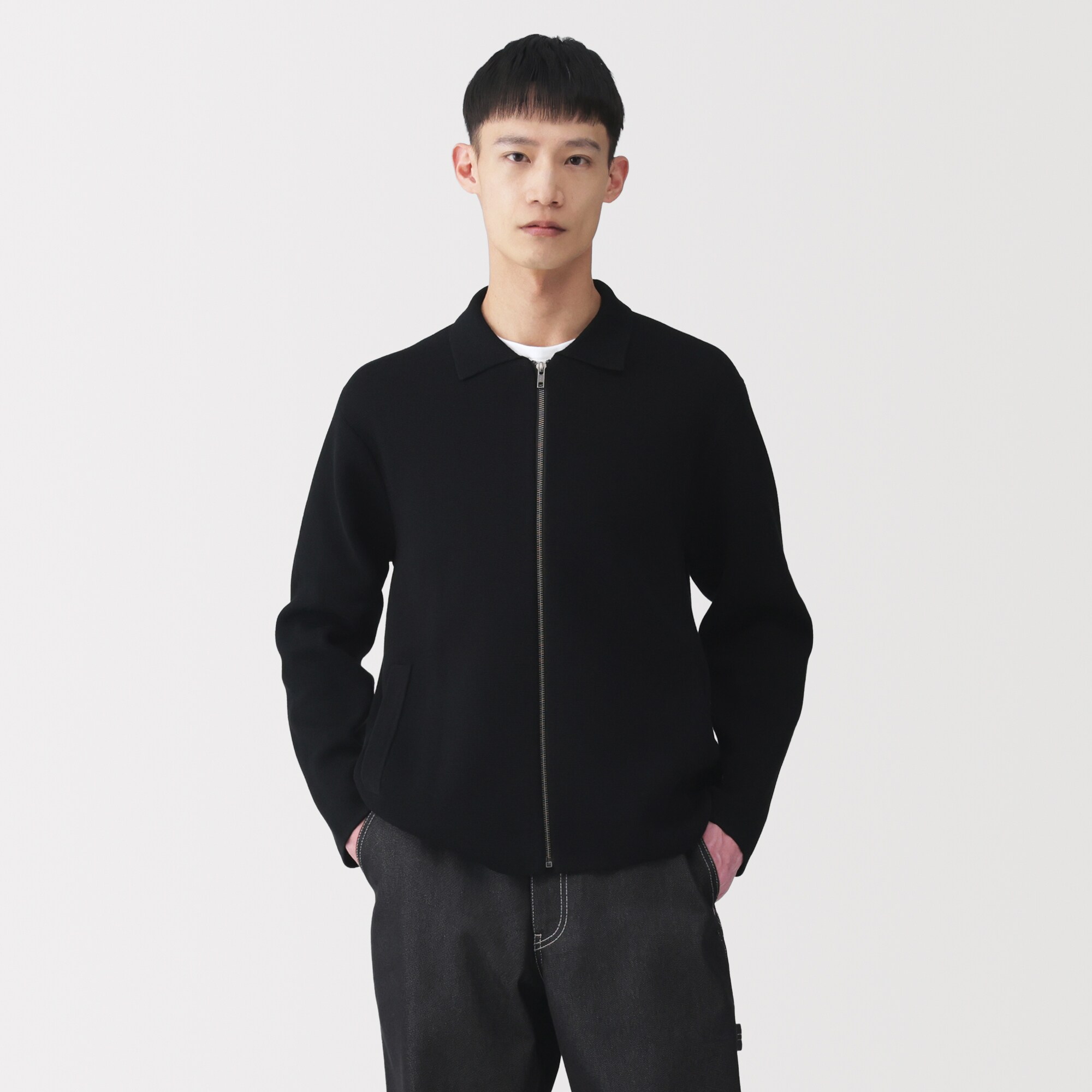 紳士　コットンミラノリブ襟付きジップカーディガン