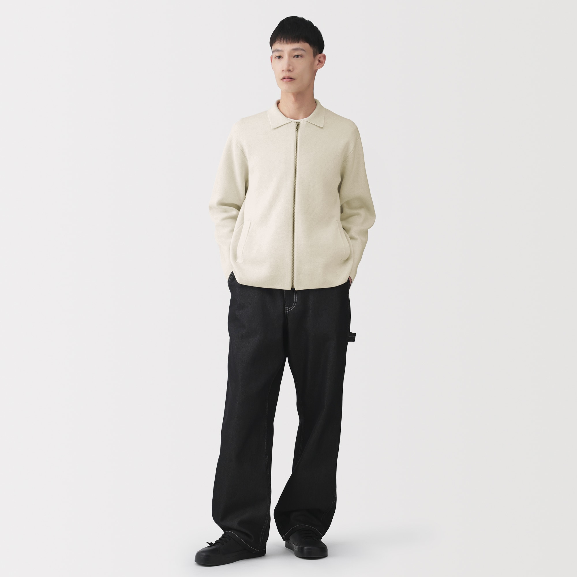 紳士　コットンミラノリブ襟付きジップカーディガン