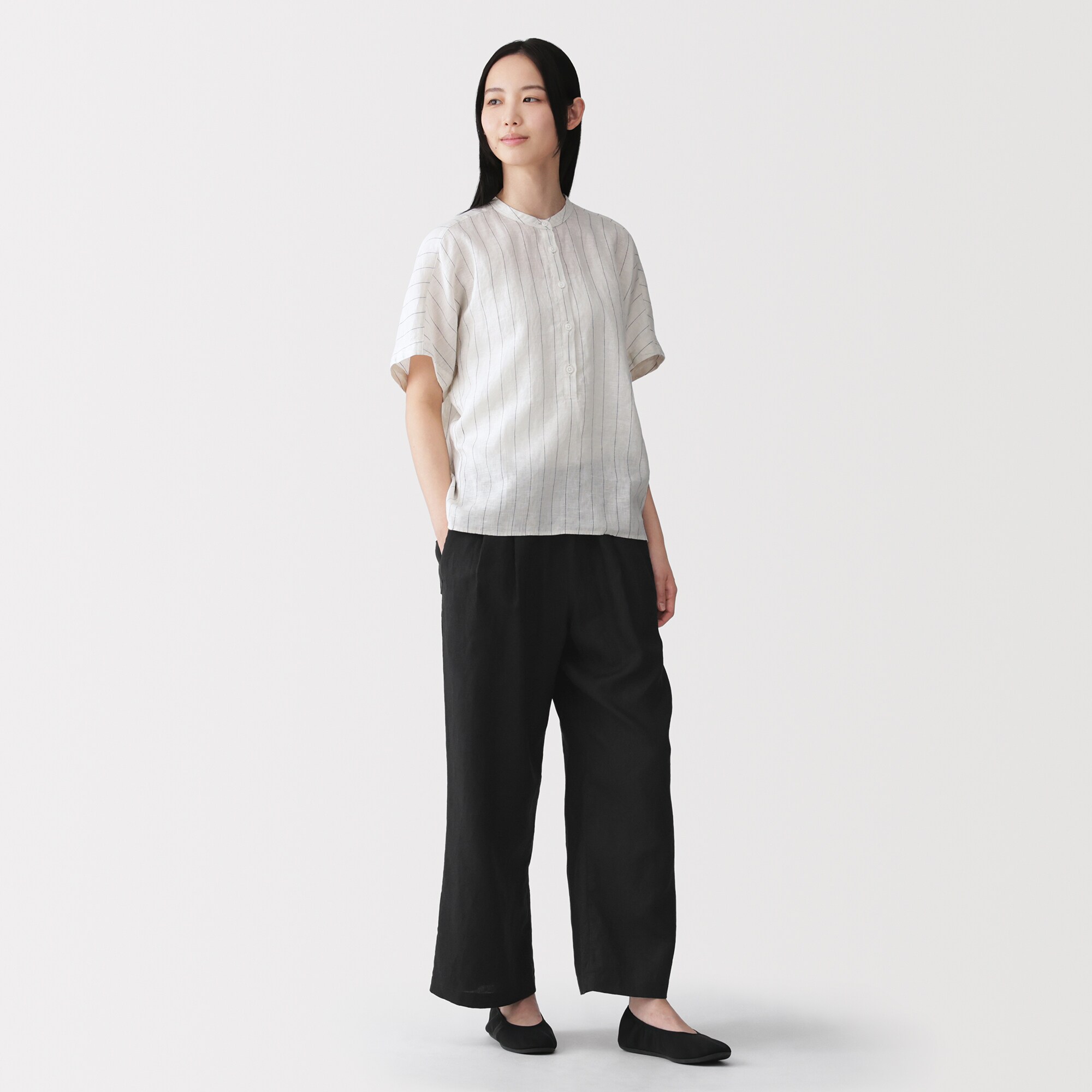 婦人　リネン　洗いざらしイージーワイドパンツ