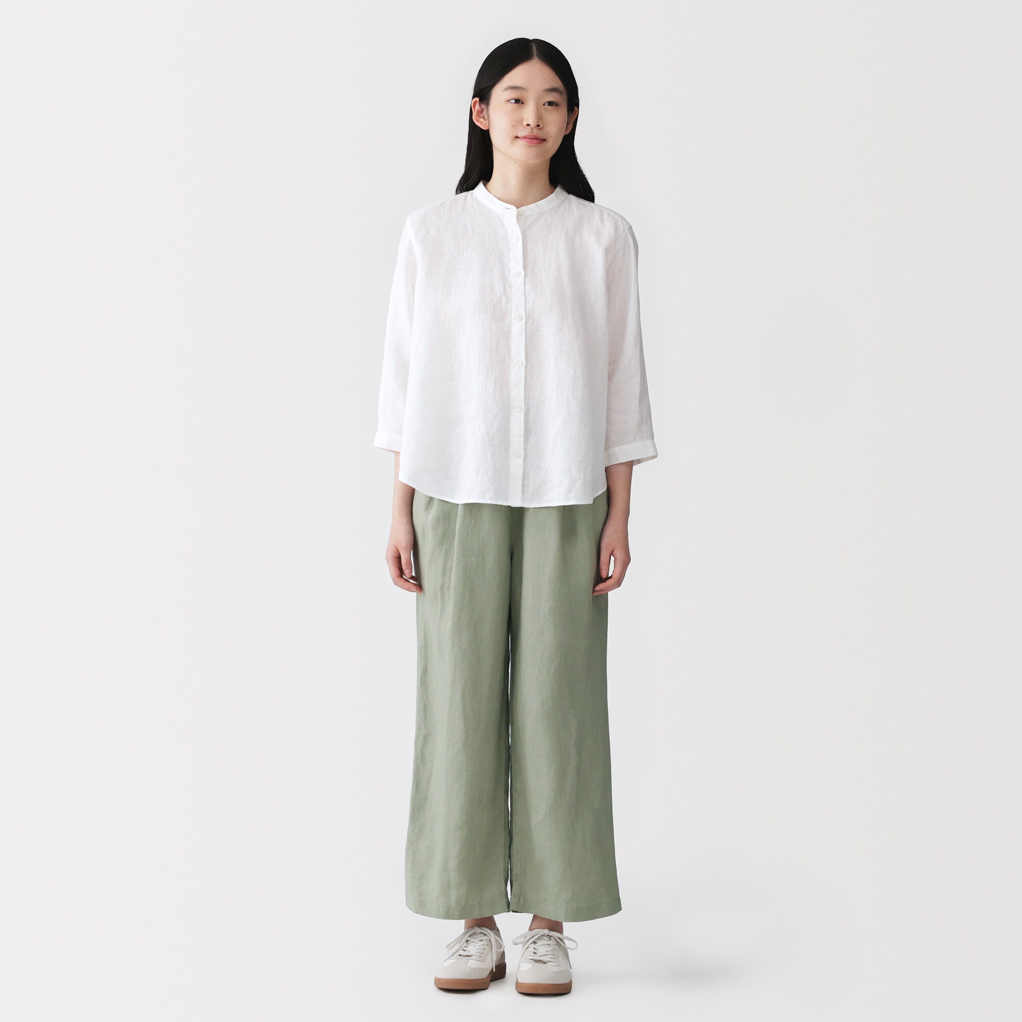 婦人　リネン　洗いざらしイージーワイドパンツ