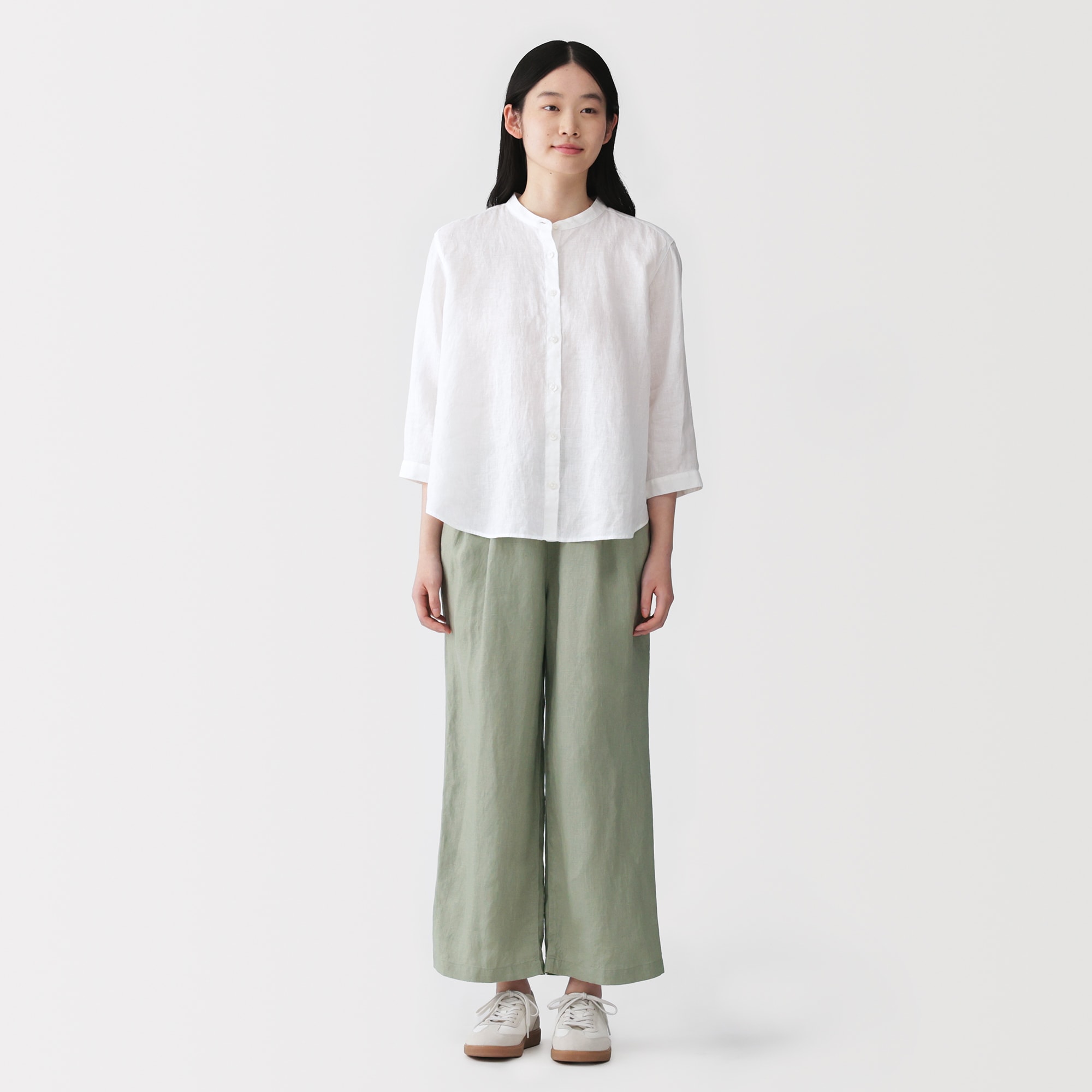 婦人　リネン　洗いざらしイージーワイドパンツ