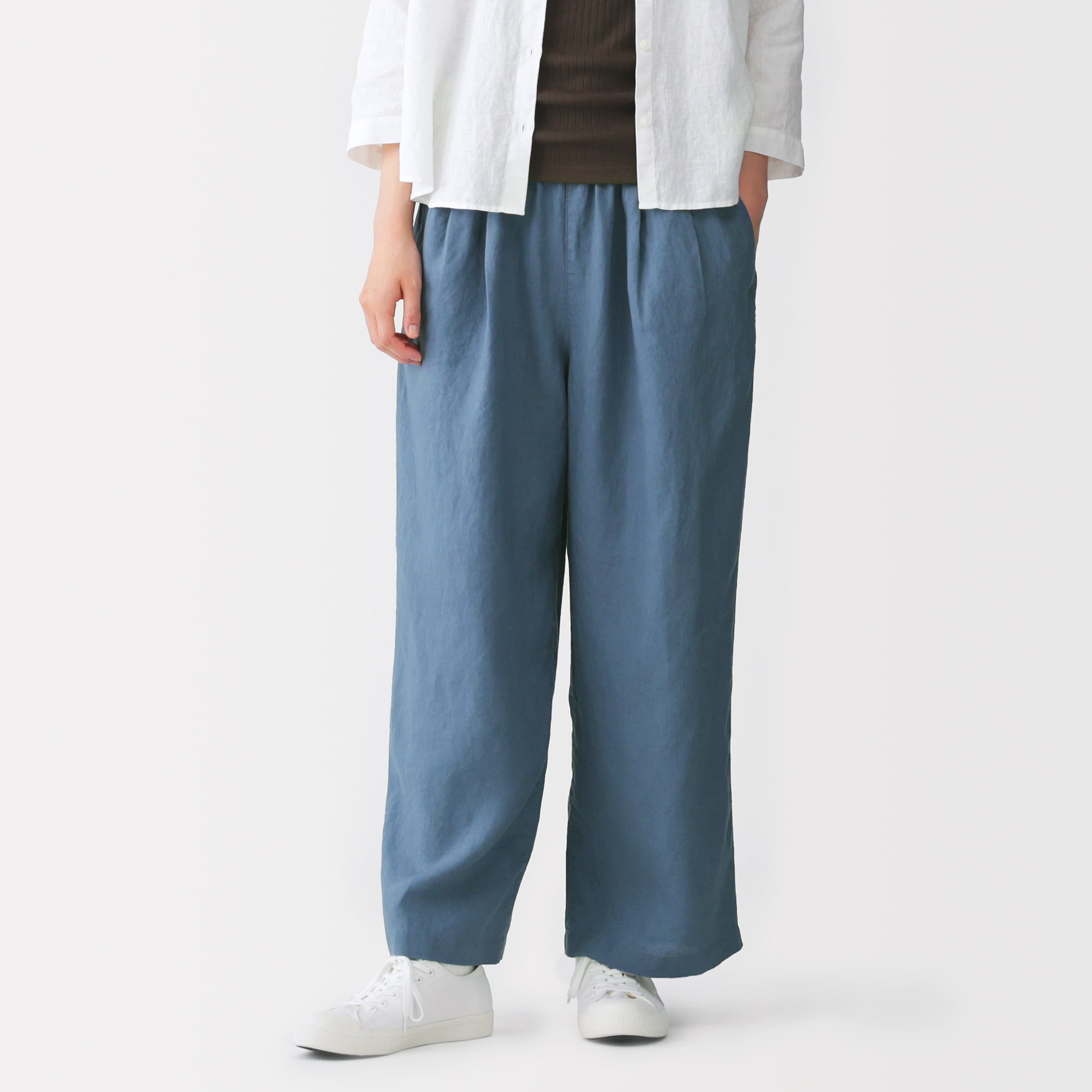 婦人　リネン　洗いざらしイージーワイドパンツ
