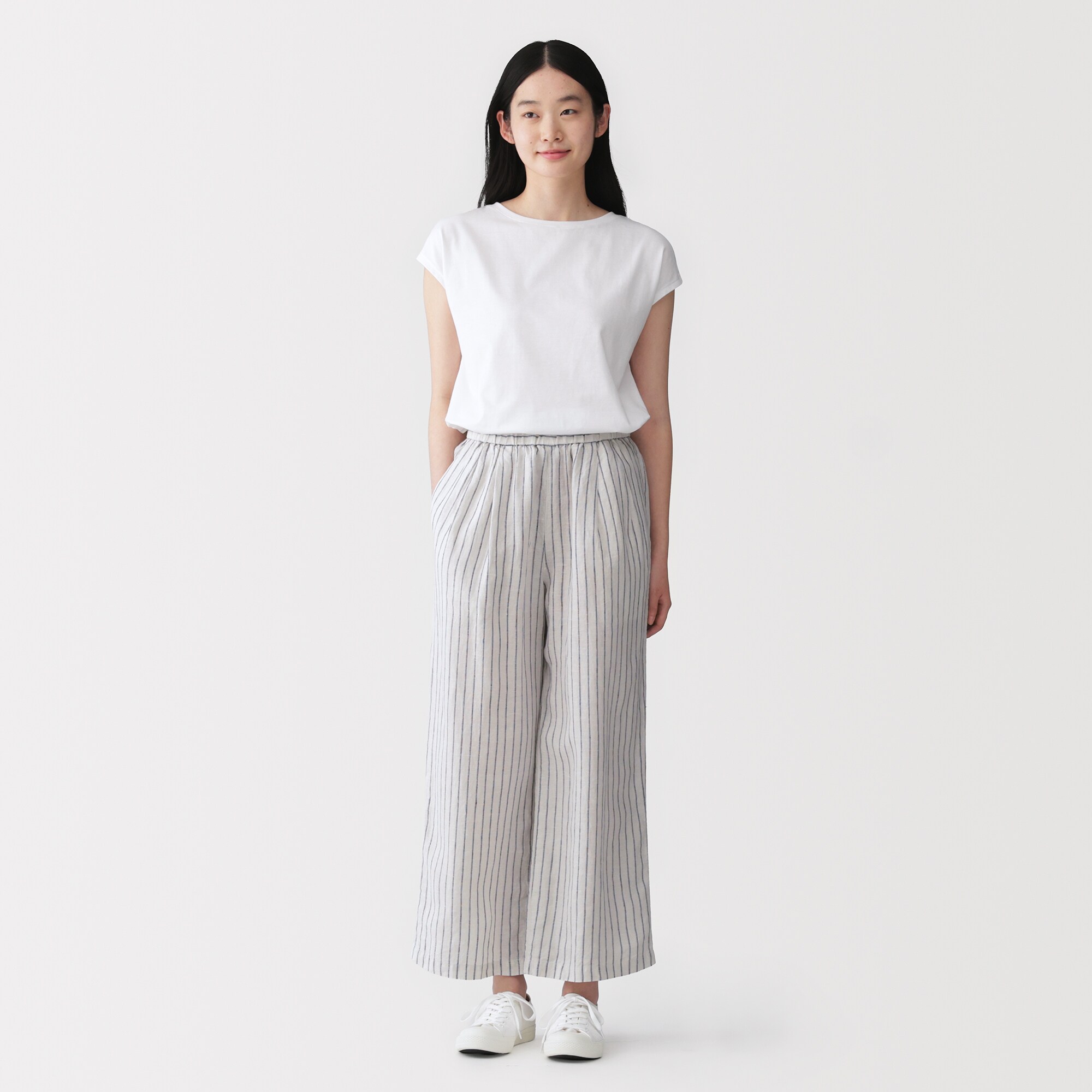 婦人　リネン　洗いざらしイージーワイドパンツ