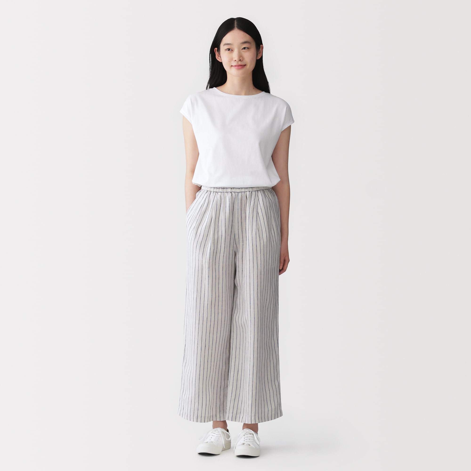 婦人　リネン　洗いざらしイージーワイドパンツ