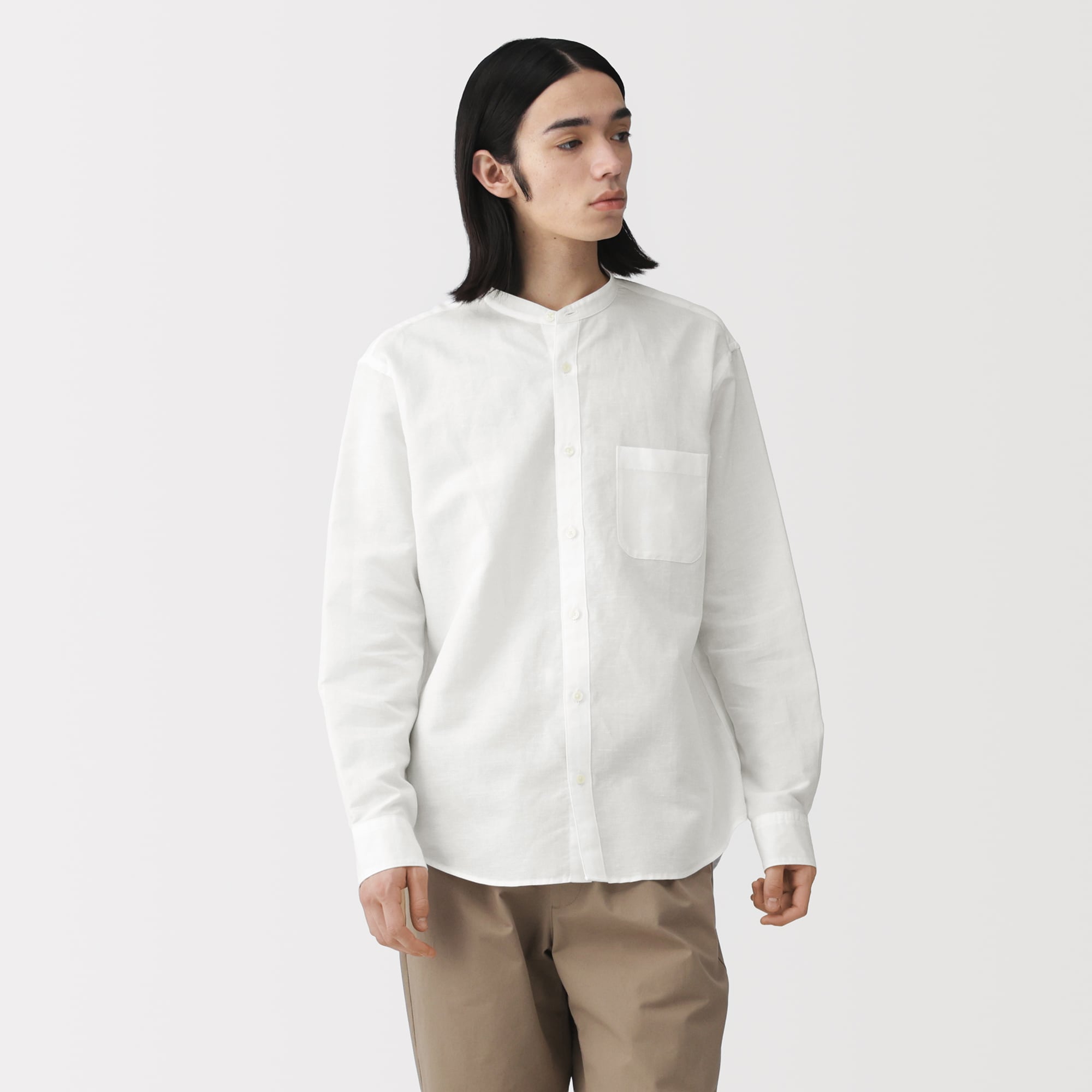 紳士　ヘンプコットンスタンドカラー長袖シャツ